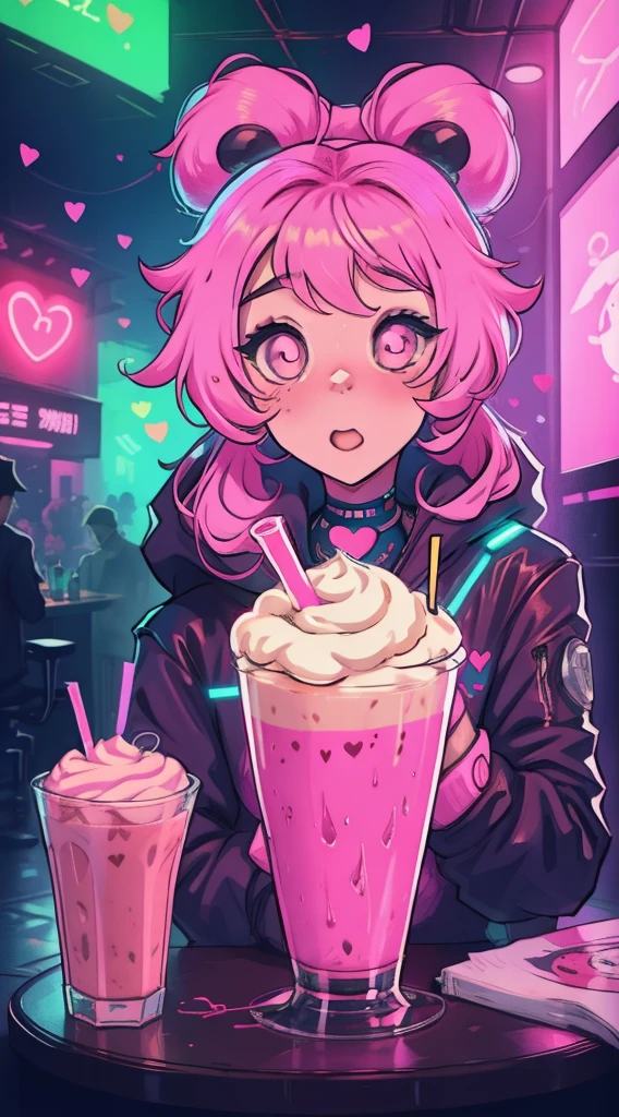 Girl kawai manga , cyberpunk pink , cute, fone de ouvido, milkshake detalhe, Neon hearts