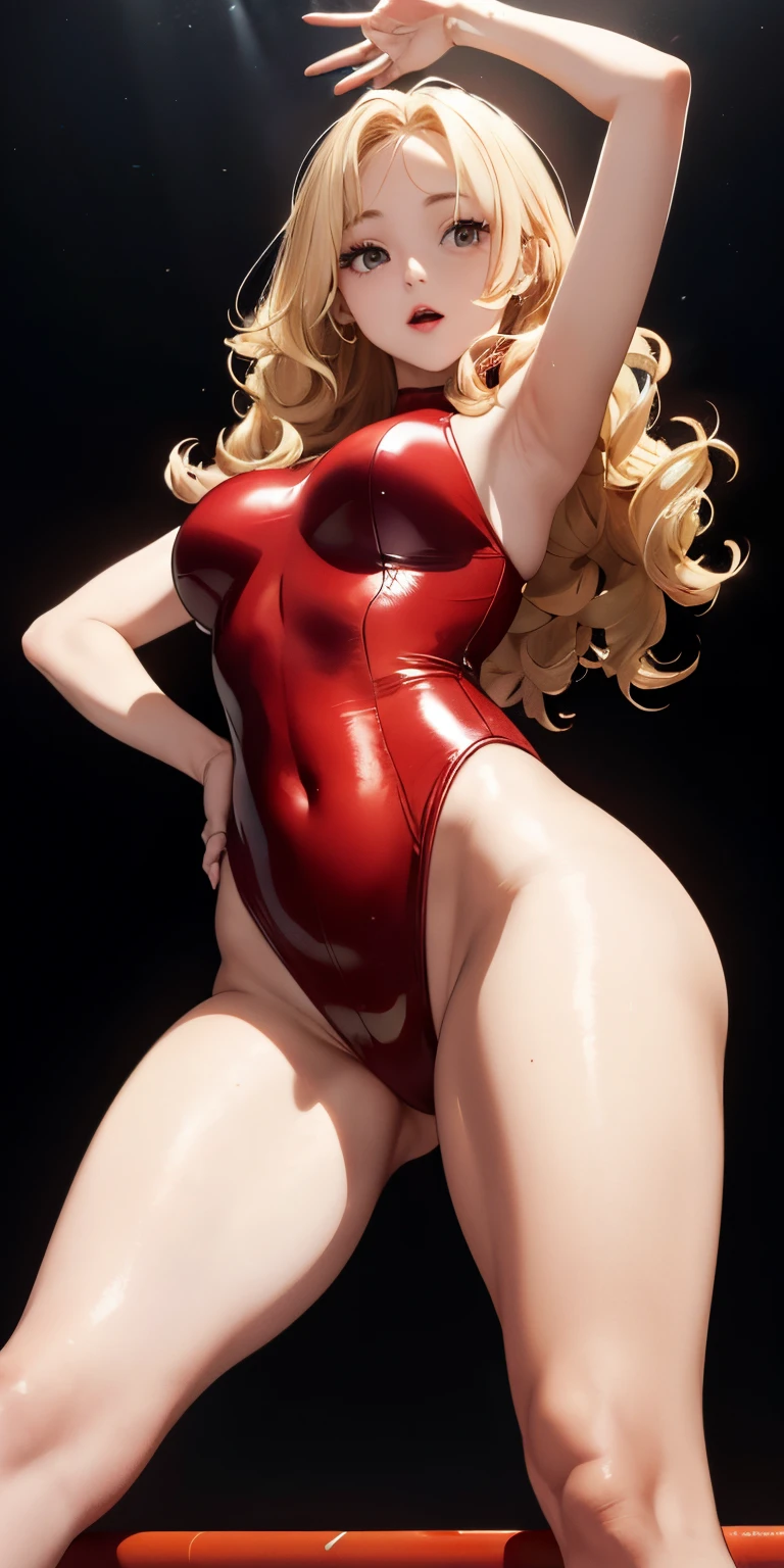 ((top-quality))Red cheeks、Thigh emphasis、thick and fresh lips (Glossy skin 1.7)Super close-up looking up from below(((Look sexy)))((​masterpiece)、Breasts enlarged(1 shiny skin.1.4).(background gymnastics arena、)Big buttocks、( girl)&#39;Buttocks in the face、((Shiny leotard))、Blonde long wavy hair、Sexy Posing、(Various poses)