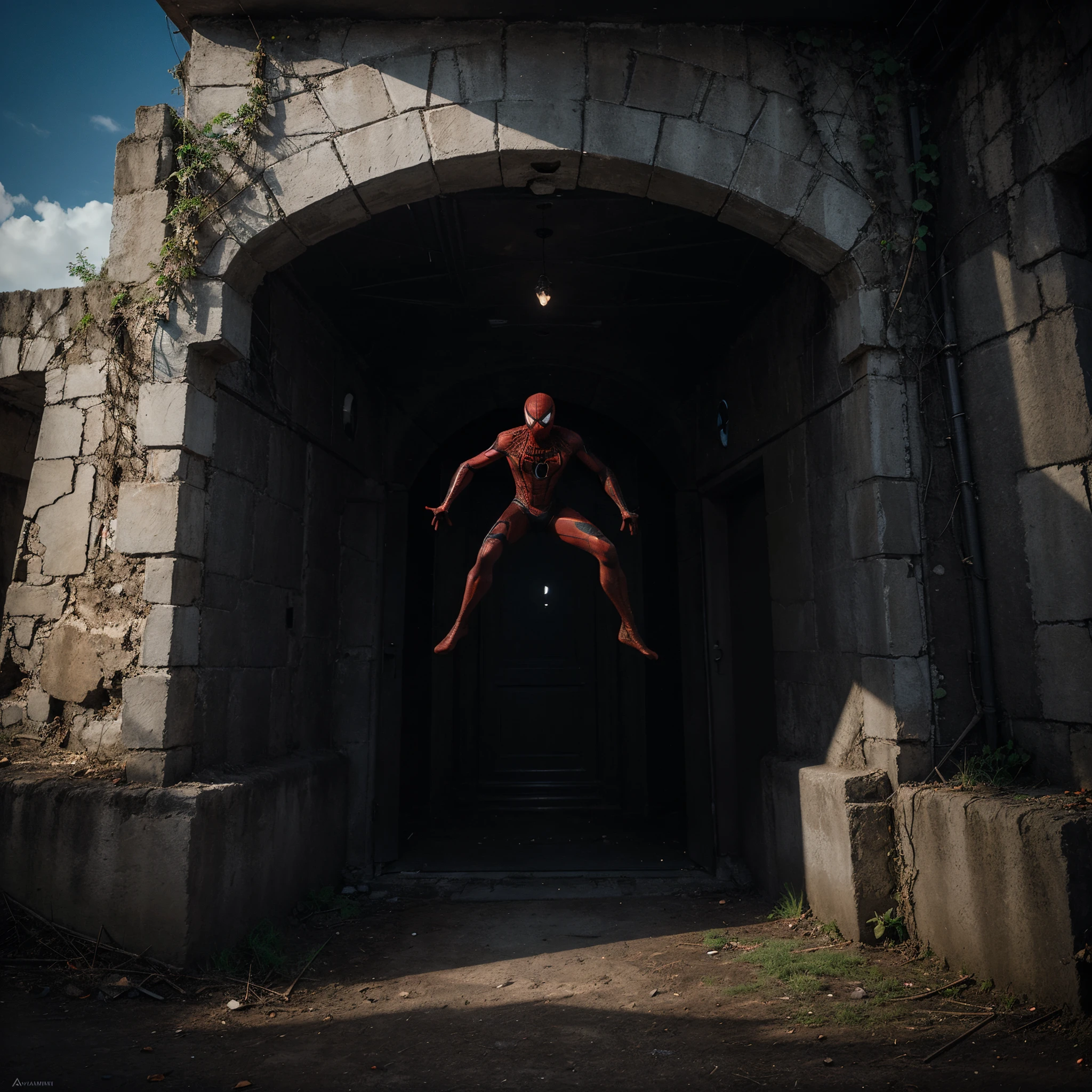 Create a landscape showing the 3 spider men in black posing with a portal to another demintion