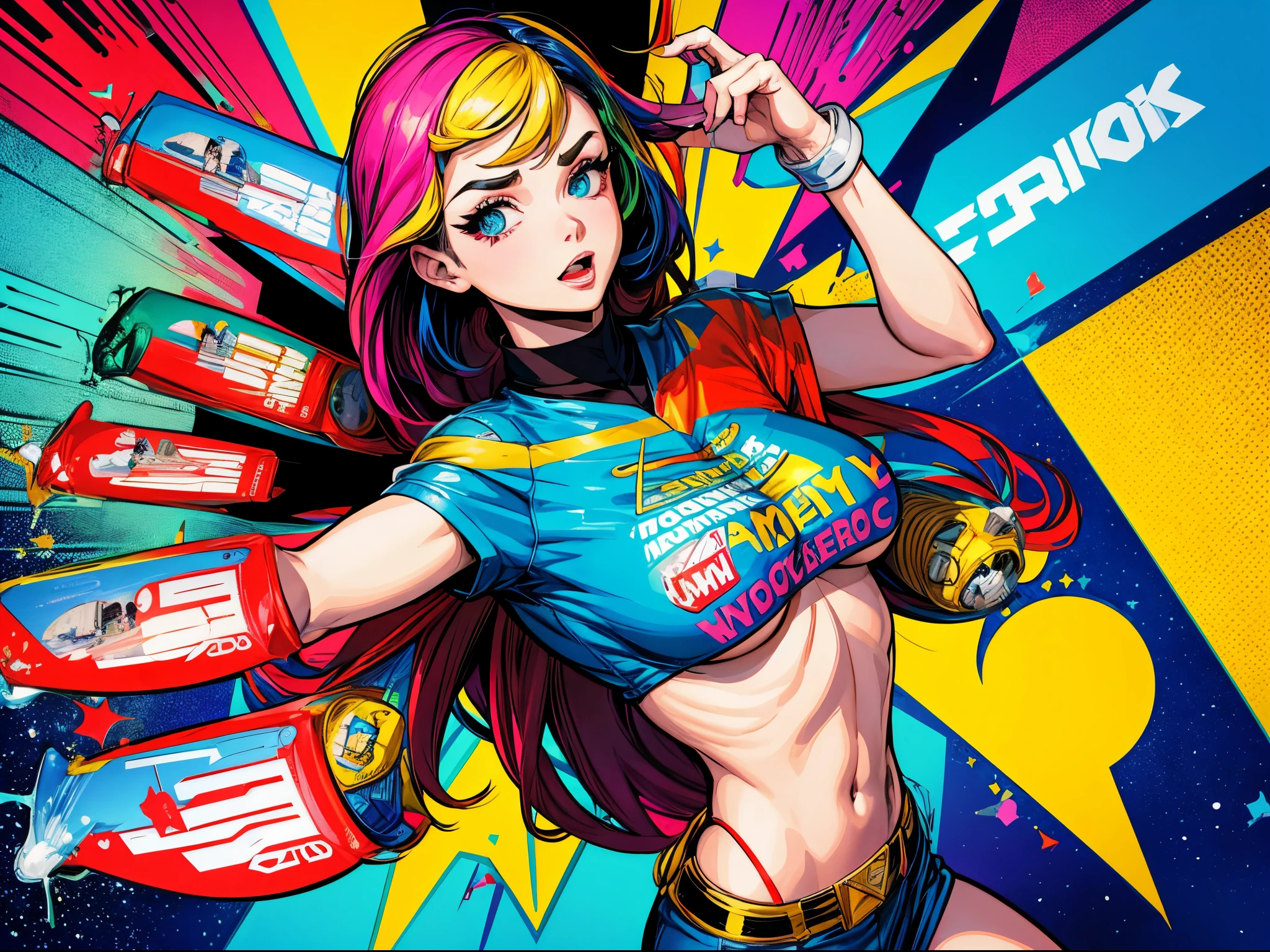 Transform the Enterprise NCC-1701 and its crew into vibrant pop art characters, with bold colors and comic book-style effects. Think of the iconic style of Roy Lichtenstein or Andy Warhol. enormous tits