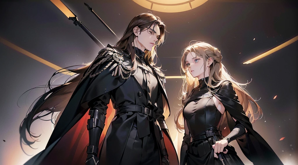 1 woman and 2 man (woman in the left ( 20 years old, blonde hair, long hair, 165 cm tall, average boobs, wearing black suit with black skirt, hooding gun, futuristic, serious expression), 1 male in the midle ( 20 years old, black hair, long hair tied, handsome, 170cm tall, fit body, gloomy face, wearing black suit, holding sword in front of him, futuristic, wearing rings), 1 male on the right ( 25 years old, brown hair, 175cm tall, funny face, wearing black suit, wearing gauntlet, futuristic)), haunted house background, minimalize lighting, 8k, masterpiece, best quality, realistic animation