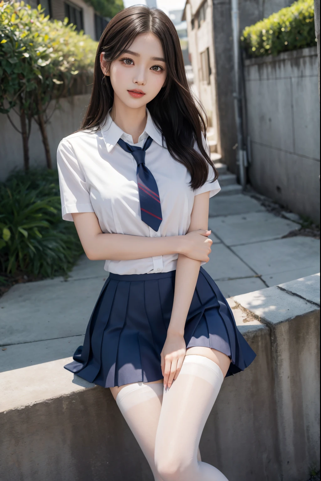 Korean school uniform、summer school uniform shirt、tight shirt、ribbon tie、Skirt by the、schools、school stairs、Emphasize your chest with both arms、Slender big、8K RAW photo、Hight Resolution、age:18 、Japanese people、Eyes of Wound、very large, Round chest eyes are detailed and detailed......、Long eyelashes and beautiful double eyelids、eyeshadows、Eyeline、slender eyes、elongated eye shape、sanpaku eyes, beautiful, Thin leg, beautiful, thin thigh、Random Shorthair、Tie your hair behind your head、eardrop、Light-brown hair、(Wearing pantyhose)、Thighs are erotic、Sorrisos、The mouth opens slightly