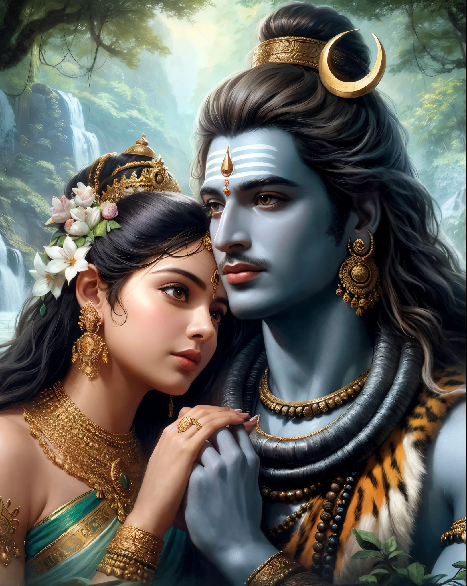 Lord Shiva With Goddess Parvati In Beautiful Jungle looking at each other Close Up,Realistic, portrait, depicting a historical figure, oil painting