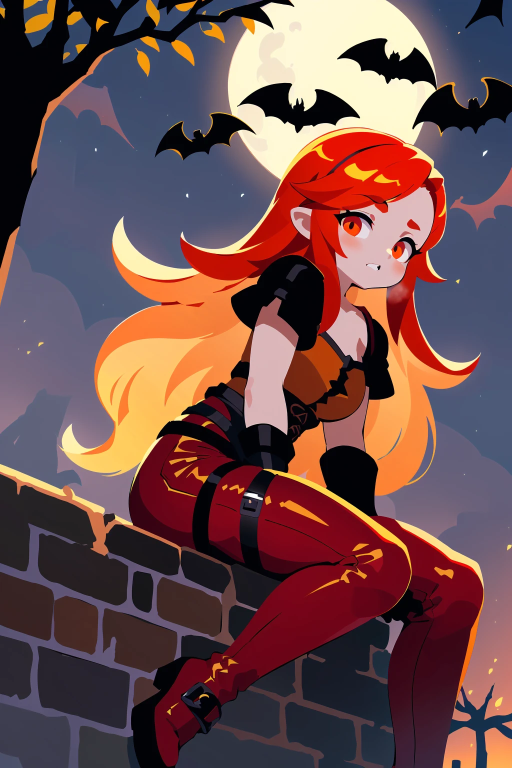 (best quality, masterpiece:1.1), full body, sideview, (facing up:1.2), looking up, (1female), benevolent face, orange hair, very long hair, wavy hair, rogue, corset shirt, (red leather pants:1.1), (straps buckles:1.2), armor, ( Dreamlike Nightscape, Gothic Castle Under Full Moon, Dark Bara Tree, Bats Flying Above, Sitting On The Top Castle Wall, (fantasy, medieval, ancient)),