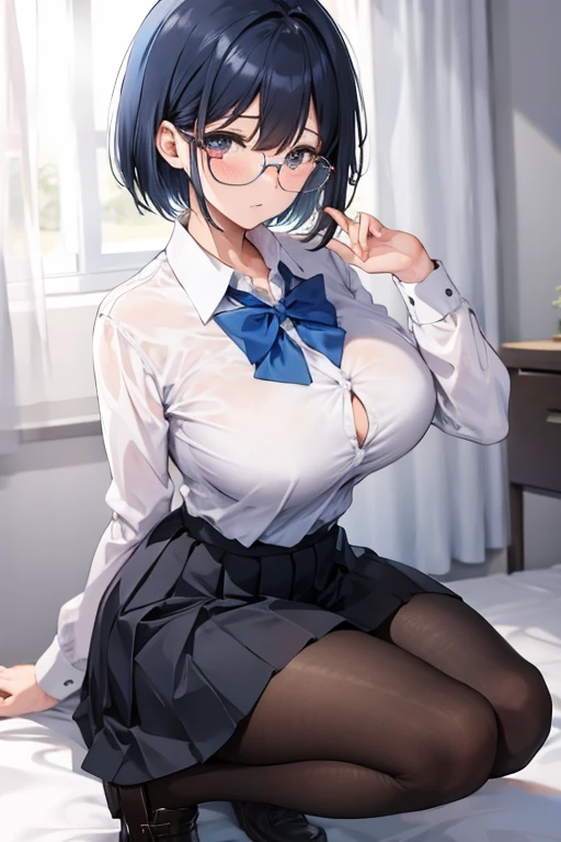1 girl, full body, (slim body:1.2), (huge breasts:1.1), black hair, short hair, brown eyes, school uniform, white shirt, long sleeve shirt, dark blue pleated skirt, (black tights:1.1), light blue bowtie, red rimmed glasses,