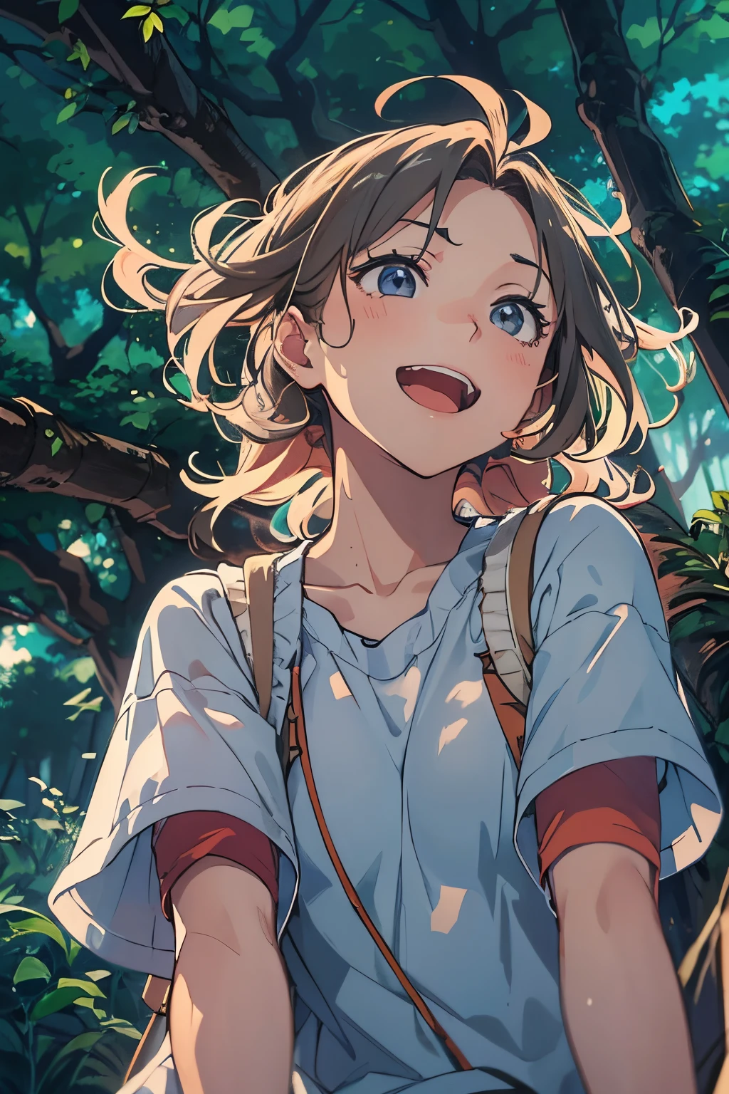 best quality, girl with, forest, crif, japanese Anime style, A girl looking at the sky feeling refreshed by the pleasant wind and beautiful sky, Relaxed smile,