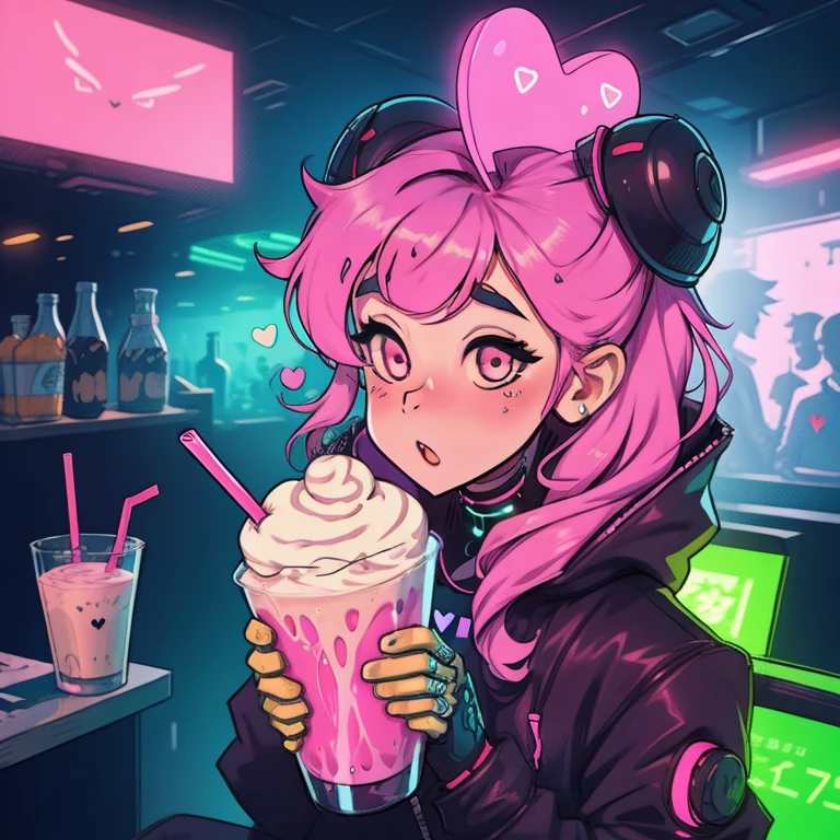 Girl kawai manga , cyberpunk pink , cute, fone de ouvido, milkshake detalhe, Neon hearts