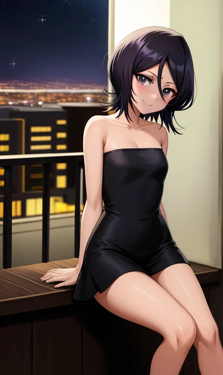 anime screencap, cityscape background, dim lights, rooftops, balcony, veranda, night falls, stars sparkling, 1 girl, solo, smile, short hair, black hair, purple eyes, hair between eyes, bare shoulders, bare neck, little black dress, strapless dress, skin-tight dress, full moon, at night, park background, sitting on a park bench, smile, looking at viewer, facing viewer.