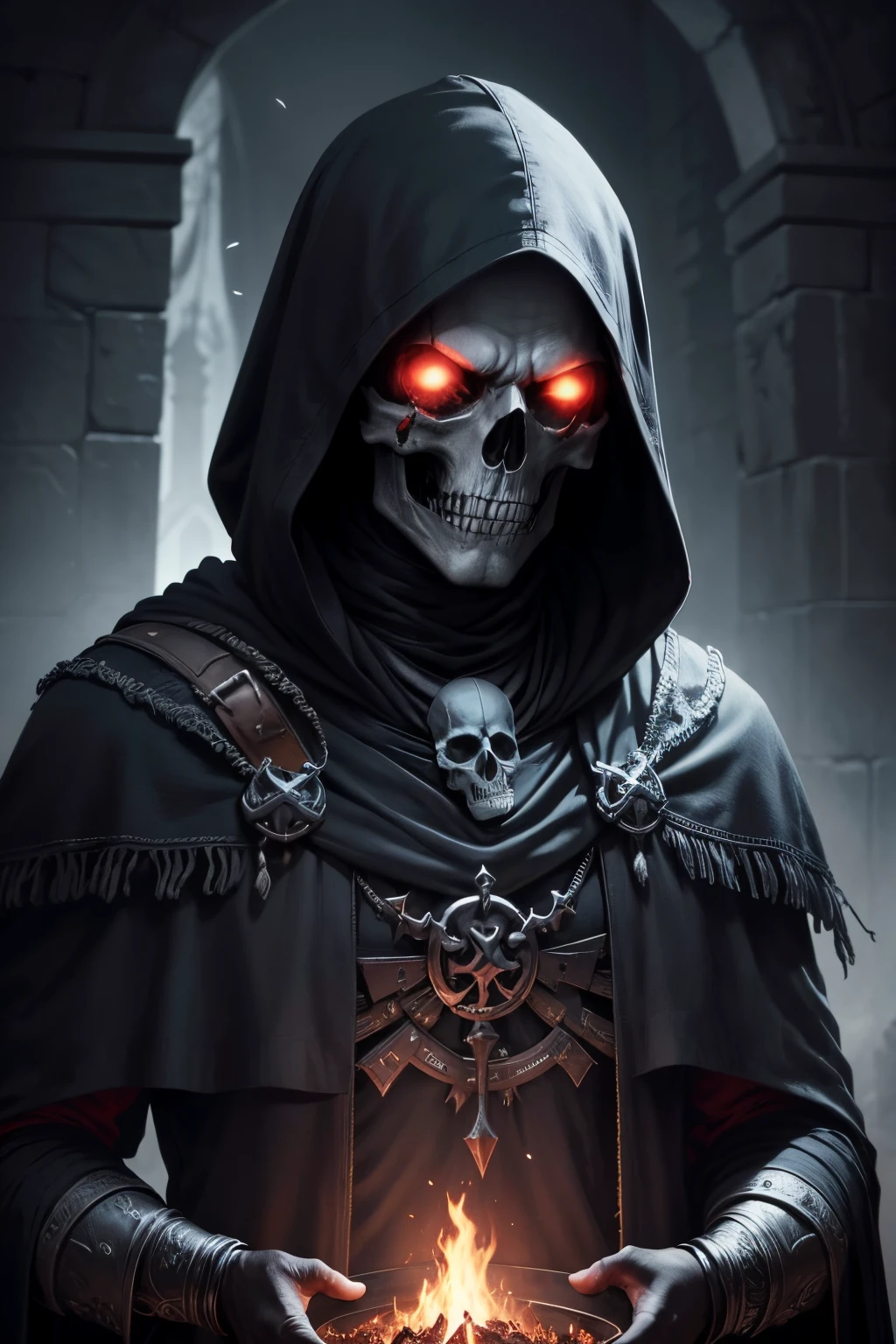 sem capuz,dark necromancer, detalhado, alto detalhes, vestes velha, cajado de poder, masmorra, escuridao, sangue, skull, ritual, nevoeiro, sangramento