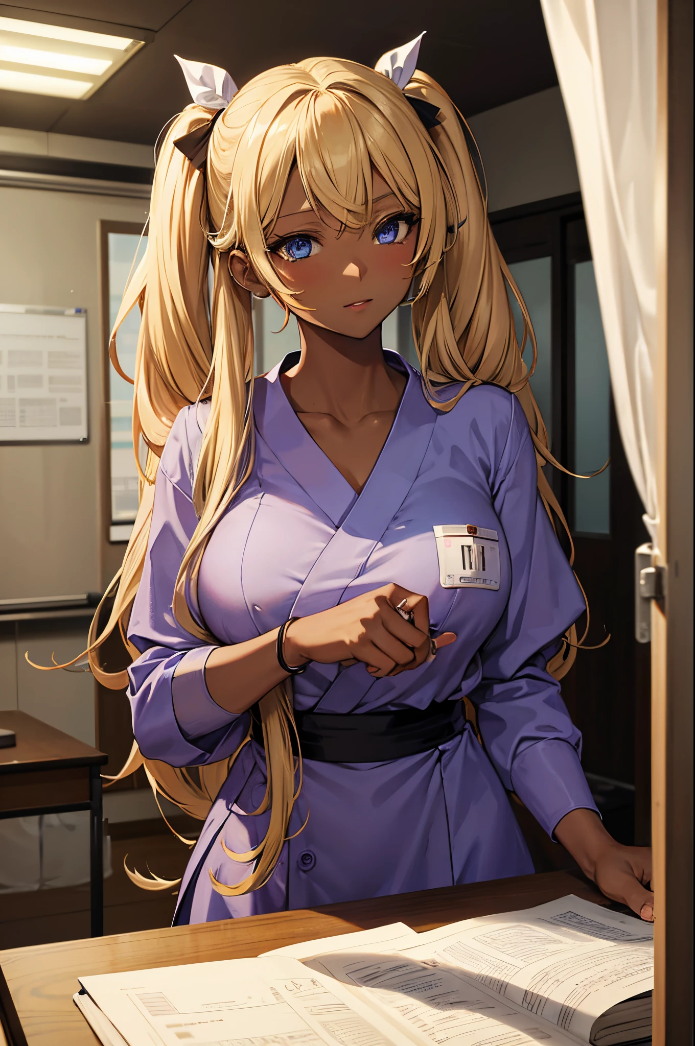 Female gyaru, twintails Blonde hair, Blue eyes, dark brown skin, large breasts, wearing a japanese nurse outfit, inside a school nurse room.