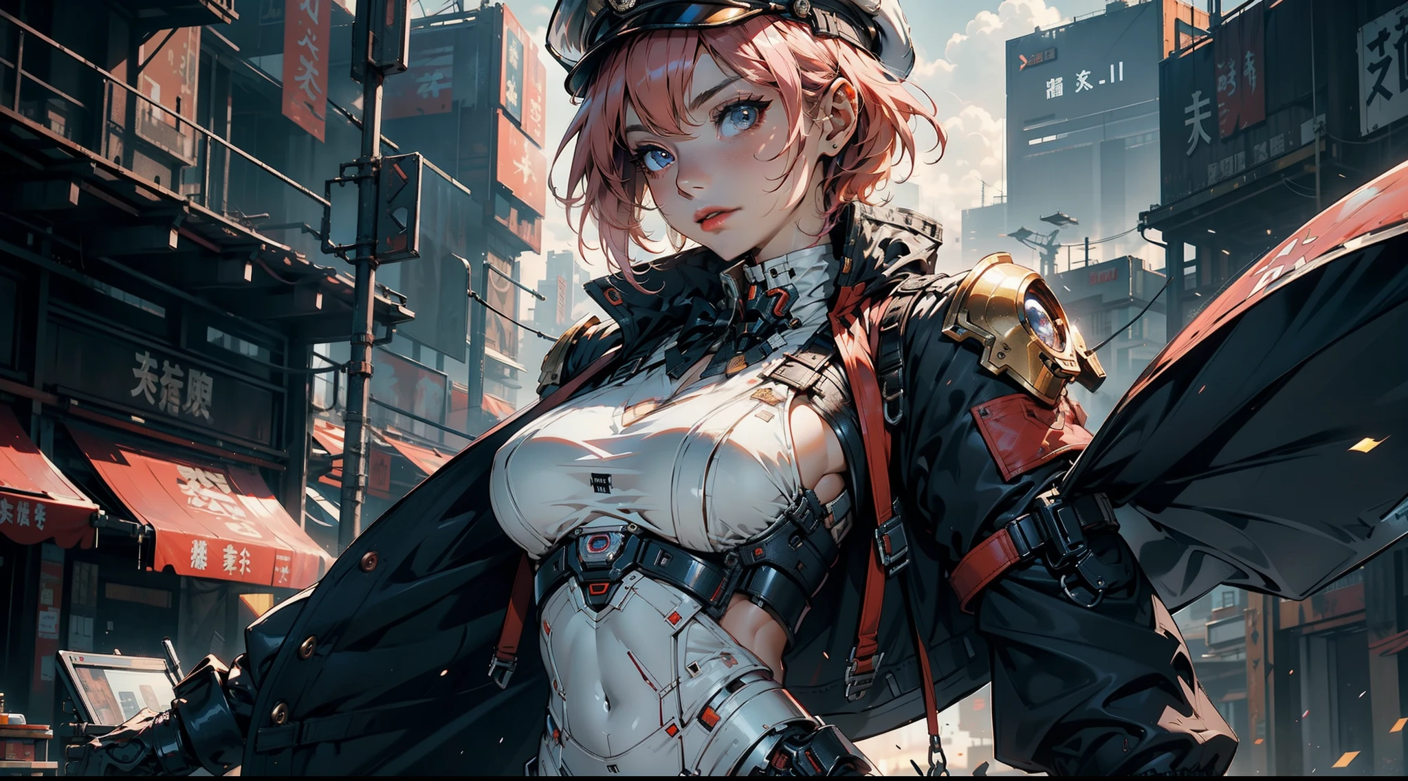 1female,35yo,plumw,extremely large bosom, 独奏,(Background with:Huge machinery,droid,aerodrome,Planes,Huge mechanical armor,) She has very short pink hair,bobo head,Stand on the plane,,seen from the front, hair straight, mostly cloudy sky,(((tmasterpiece),(Very detailed CG unity 8K wallpaper),best qualtiy,cinmatic lighting,detailed back ground,beatiful detailed eyeright pupillue eyes,Snow-whiteskin,Redlip(Very fine and beautiful),(Beautiful and detailed eye description),ultra - detailed,tmasterpiece,))facing at camera,A high resolution,ultra - detailed),revealing breastare genitalia, Bulge,legs are open,Raised sexy,Camel toelushed complexion,Desire for dissatisfaction,frontage,British Air Force,Aviator,Officer's cap(Wearing:blazer jacket,tailcoat,White color blouse,a black bowtie,Black pantyhose,Gold wire embroidery,Armour,Bare breasts)cyber punk style