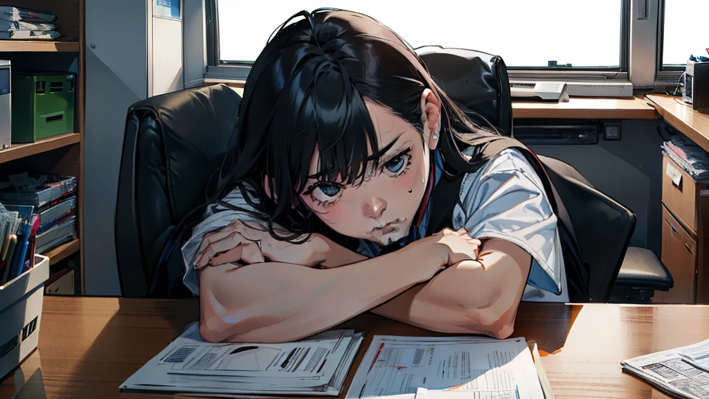 It has a realistic and comical atmosphere.、Generate images of your partner's disgusting office worker fun。he is sitting at the office desk、Frowning and narrowing eyes、Feeling dislike or distrust towards the other person, I'm spreading my arms and making an exaggerated appeal.、Including clothing and office environment.、Describe your situation in detail。