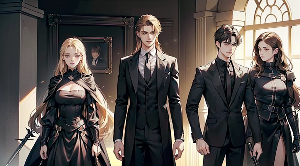 3 person on same frame, 1 woman and 2 man (woman in the left ( 20 years old, blonde hair, long hair, 165 cm tall, average boobs, wearing black suit with black skirt, use gun, serious expression), 1 male in the midle ( 20 years old, black hair, long hair tied, handsome, 170cm tall, fit body, gloomy face, wearing black suit, use sword in front of him, wearing rings), 1 male on the right ( 25 years old, brown hair,short hair, 175cm tall, funny face, wearing black suit, wearing gauntlet, futuristic)), haunted house background, minimalize lighting, 8k, masterpiece, best quality