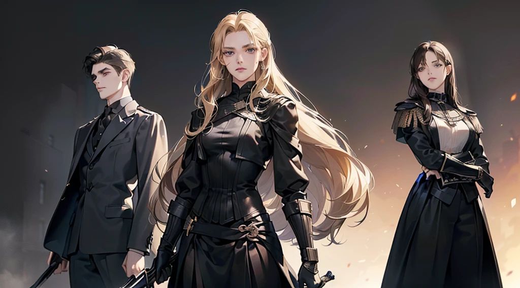3 person on same frame, 1 woman and 2 man (woman in the left ( 20 years old, blonde hair, long hair, 165 cm tall, average boobs, wearing black suit with black skirt, use gun, serious expression), 1 male in the midle ( 20 years old, black hair, long hair tied, handsome, 170cm tall, fit body, gloomy face, wearing black suit, use sword in front of him, wearing rings), 1 male on the right ( 25 years old, brown hair,short hair, 175cm tall, funny face, wearing black suit, wearing gauntlet, futuristic)), haunted house background, minimalize lighting, 8k, masterpiece, best quality