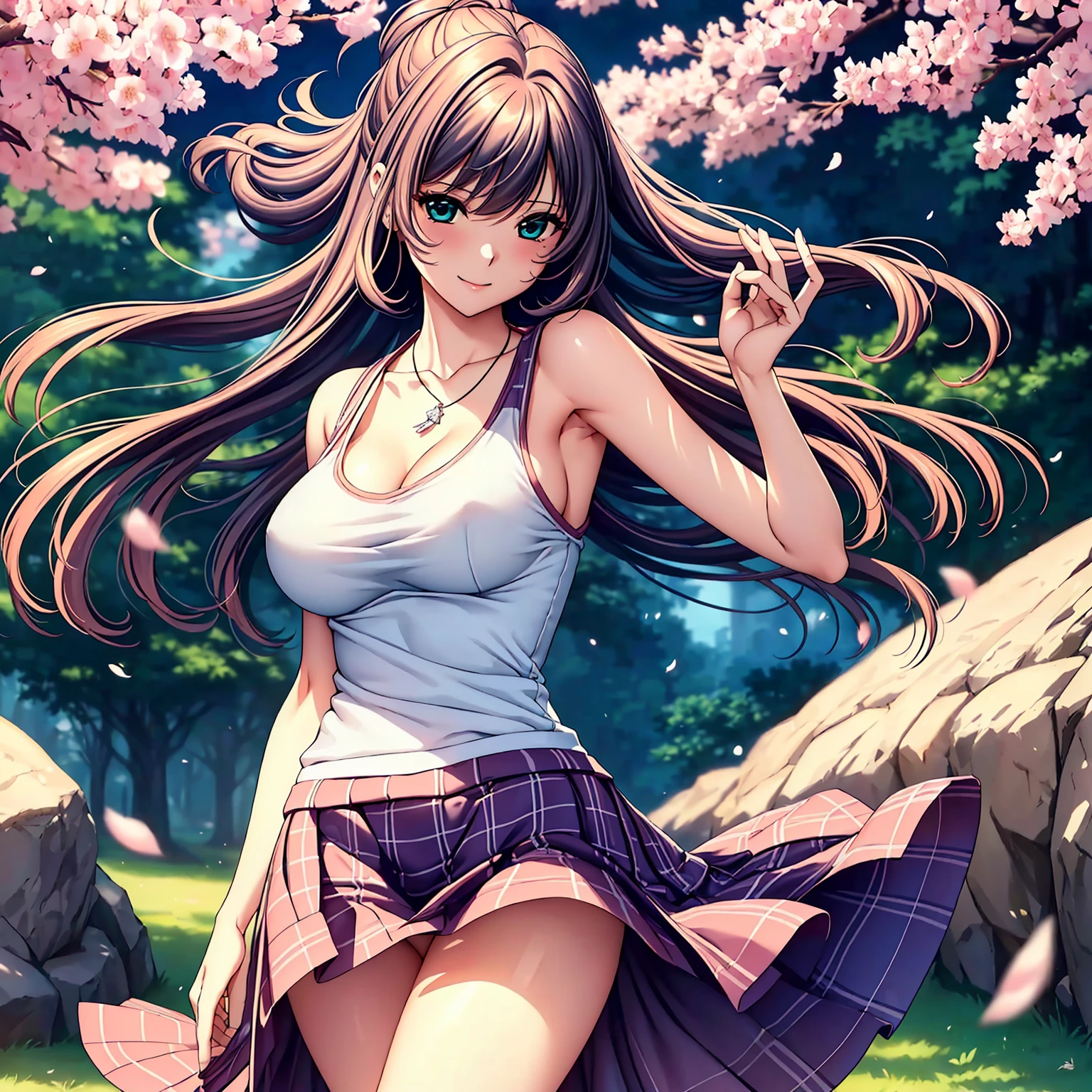 (top quality picture、masterpiece level、very high res、超A high resolution,High quality detailing)、(A 20-year-old beauty with perfect and ultimate beauty..,beautiful ??????? and figure,Beautiful body,美丽的面容,Strong-willed eyes:1.5)、(There are many variations of hairstyles,Bangs are neatly arranged,long straight hair on the side,Beautiful hair:1.2),lifelike textures,Beautiful colors,(Wear sleeveless knitwear,Diamond necklace,Wearing a plaid pleated skirt),Have a bright smile,line of sight,Mouth opens,The wind is blowing(The wind blows and my skirt flaps,Hair flutters under the influence of the wind:1.2),Park at night,A path lined with flourishing cherry blossom trees,Cherry blossoms fall,Beautiful Landscapes,(The whole body,thigh visible,accurate ???????、extremely detailed picture、Accurate images、Perfect Image 1.5)、beautiful anime woman, Beautiful Art Style, an animated character、(The whole picture、Detailed picture、Defect-free images、natural soft light、beautiful image),(Best Shot 1.2)