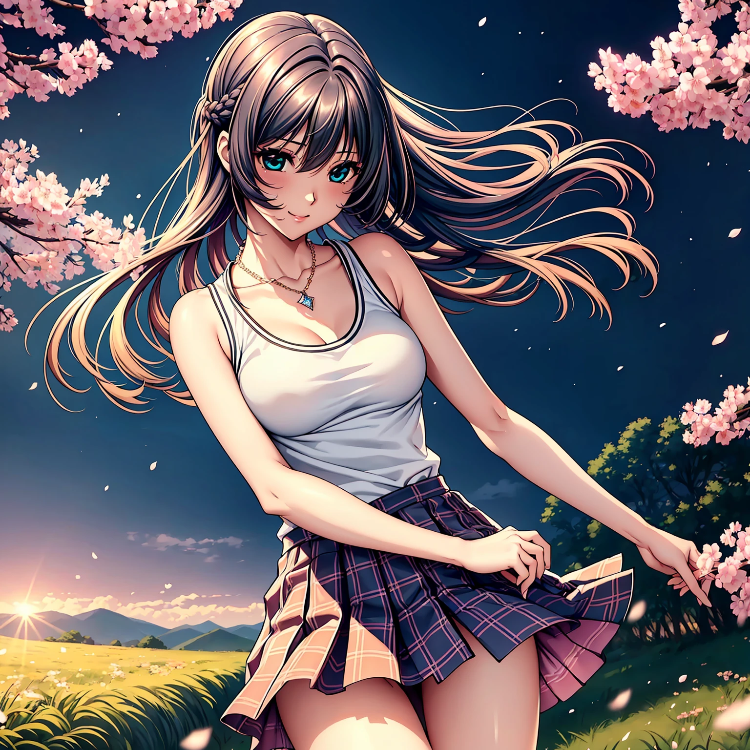 (top quality picture、masterpiece level、very high res、超A high resolution,High quality detailing)、(A 20-year-old beauty with perfect and ultimate beauty..,beautiful breasts and figure,Beautiful body,美丽的面容,Strong-willed eyes:1.5)、(There are many variations of hairstyles,Bangs are neatly arranged,long straight hair on the side,Beautiful hair:1.2),lifelike textures,Beautiful colors,(Wear sleeveless knitwear,Diamond necklace,Wearing a plaid pleated skirt),Have a bright smile,line of sight,Mouth opens,The wind is blowing(The wind blows and my skirt flaps,Hair flutters under the influence of the wind:1.2),Park at night,A path lined with flourishing cherry blossom trees,Cherry blossoms fall,Beautiful Landscapes,(The whole body,thigh visible,accurate ???????、extremely detailed picture、Accurate images、Perfect Image 1.5)、beautiful anime woman, Beautiful Art Style, an animated character、(The whole picture、Detailed picture、Defect-free images、natural soft light、beautiful image),(Best Shot 1.2)