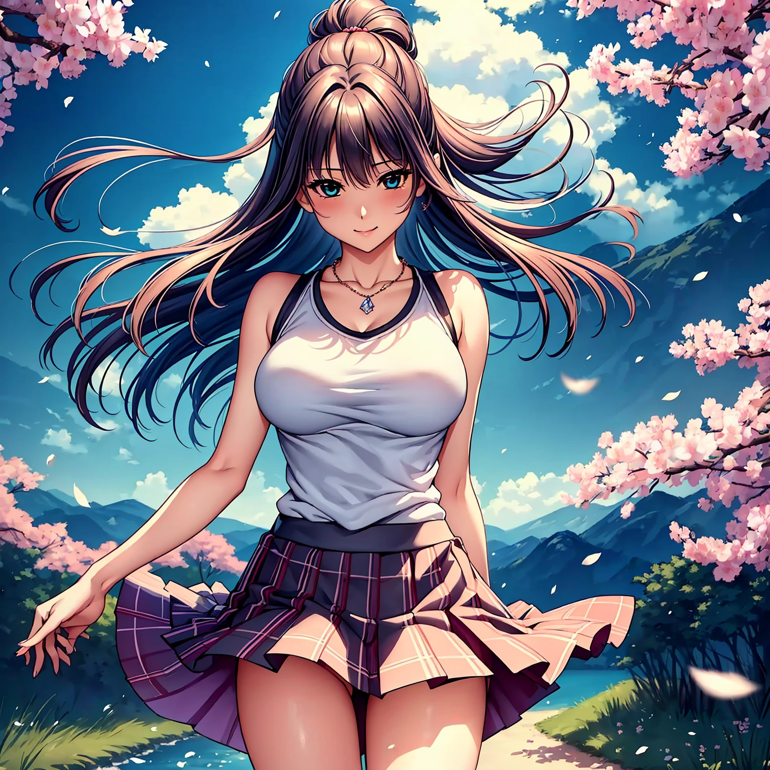 (top quality picture、masterpiece level、very high res、超A high resolution,High quality detailing)、(A 20-year-old beauty with perfect and ultimate beauty..,beautiful breasts and figure,Beautiful body,美丽的面容,Strong-willed eyes:1.5)、(There are many variations of hairstyles,Bangs are neatly arranged,long straight hair on the side,Beautiful hair:1.2),lifelike textures,Beautiful colors,(Wear sleeveless knitwear,Diamond necklace,Wearing a plaid pleated skirt),Have a bright smile,line of sight,Mouth opens,The wind is blowing(The wind blows and my skirt flaps,Hair flutters under the influence of the wind:1.2),Park at night,A path lined with flourishing cherry blossom trees,Cherry blossoms fall,Beautiful Landscapes,(The whole body,thigh visible,accurate anatomy、extremely detailed picture、Accurate images、Perfect Image 1.5)、beautiful anime woman, Beautiful Art Style, an animated character、(The whole picture、Detailed picture、Defect-free images、natural soft light、beautiful image),(Best Shot 1.2)