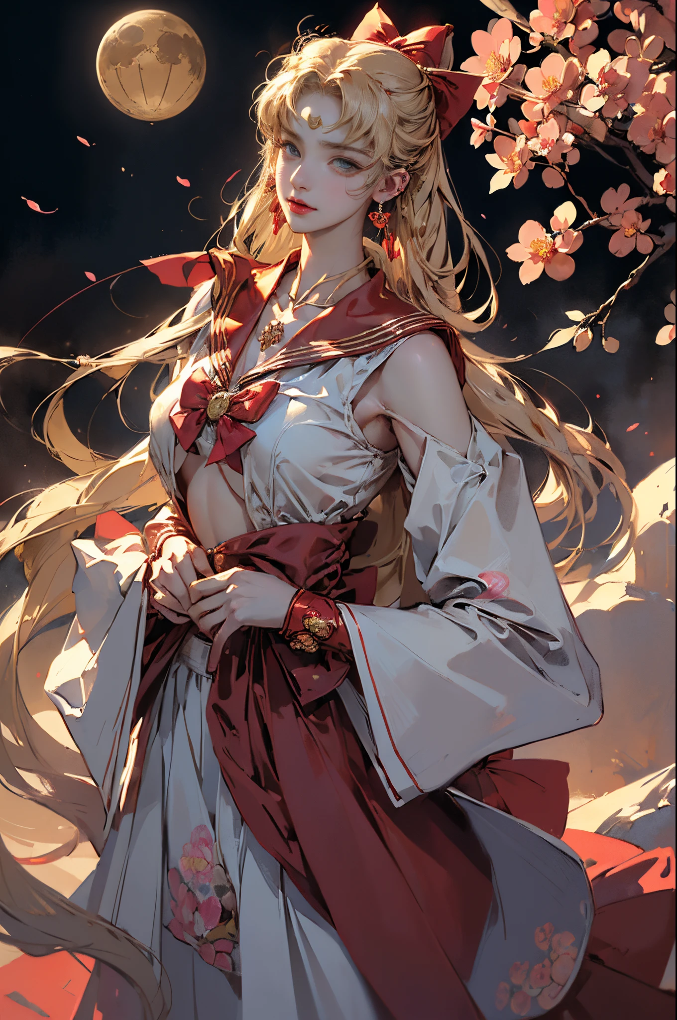 ((tmasterpiece))，((quality))，((Best quality at best))，((offcial art))，((Beauty and aesthetics))， (( lewd poses))，((Sexual innuendo))，((the sailor moon:1.6，Mariner Moon))， ((Pubic hair shows through，Plump，Bulge，))，((There  a big red bow on the chest，upper arm:1.6))，((Long blonde hair， dual horsetail))，((Sailor Moon Aesthetics))，((Puffy skirt))，((dream core))，((The content  very detailed))，（s fractal art：1.3），（flowers in full bloom：1.3），((ultra - detailed))， ((very detailed nipples))，（One color：1.2），（ tangled:1.2)，(dynamicposes), (abstract backgrounds:1.3), (Chinese Traditional Cloth:1.2), (Glowing and radiant skin), (Lots of colors:1.4)，(ear nipple ring:1.4)，（Decorative painting：1.6，）， Lighting，Ink painting and watercolor，ink，water ink，