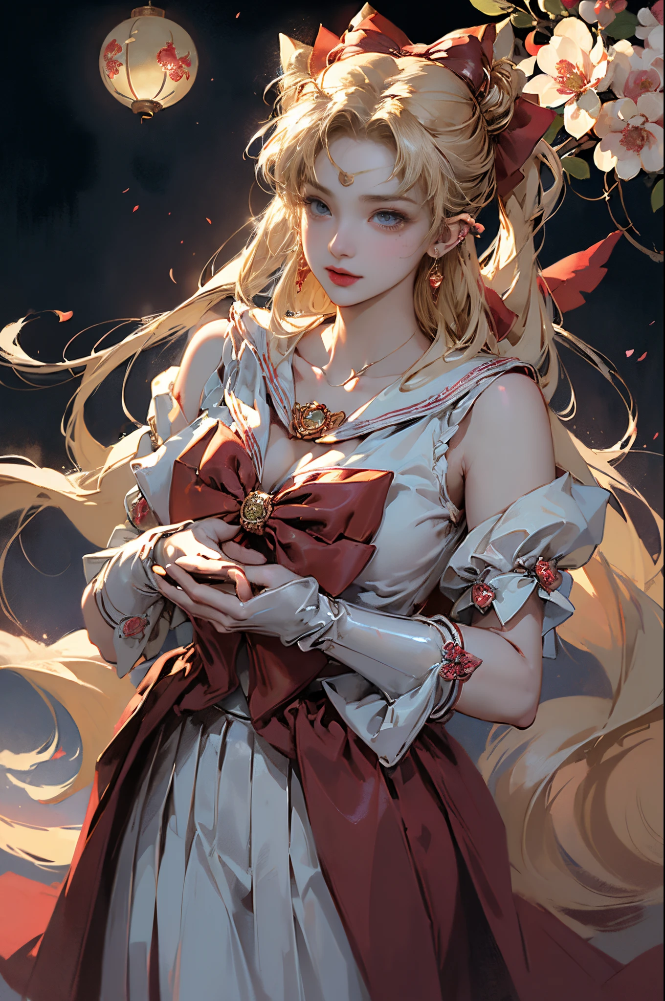 ((tmasterpiece))，((quality))，((Best quality at best))，((offcial art))，((Beauty and aesthetics))， (( lewd poses))，((Sexual innuendo))，((the sailor moon:1.6，Mariner Moon))， ((Pubic hair shows through，Plump，Bulge，))，((There  a big red bow on the chest，upper arm:1.6))，((Long blonde hair， dual horsetail))，((Sailor Moon Aesthetics))，((Puffy skirt))，((dream core))，((The content  very detailed))，（s fractal art：1.3），（flowers in full bloom：1.3），((ultra - detailed))， ((very detailed nipples))，（One color：1.2），（ tangled:1.2)，(dynamicposes), (abstract backgrounds:1.3), (Chinese Traditional Cloth:1.2), (Glowing and radiant skin), (Lots of colors:1.4)，(ear nipple ring:1.4)，（Decorative painting：1.6，）， Lighting，Ink painting and watercolor，ink，water ink，