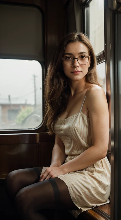 (Best quality, Ultra detailed, Golden ratio, Masterpiece:1.2), Theatrical lighting:0.7, Photo of a woman, dressed in a very elegant and pretty dress, Perfect rare face, (Highly detailed skin), randomly dyed hair, Hide your mouth with your hands、Ridicule, skin texture, Pale skin, shiny skin, (thin, large size:1.2), [:(Sharp focus on rare face, perfect eyes:1.2):0.2], photorealistic, film grain, Put one foot forward、from below looking up、look at camera、Emphasize the shoulders, Focus on face、Stockings、glasses、Smile with corners of mouth raised、disdainful expression, summer haze, muted colors, muted warm colors, Photo cinematic portrait of a woman dressed in a striped dress sitting by the window in the early morning, cinematic, (tilted:1.3) (on an old train) look cautious, standing under a spotlight, volumetric dust clouds, key light, backlight, soft natural lighting, photography Film grain ISO 400 30 mm lens RAW f1.8 aperture, highly detailed (analog photography:1), colors hdr