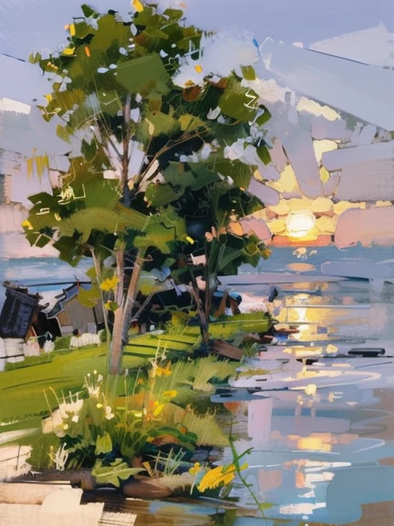 There a river drawn there,barge,Oil brush strokes, with trees and rivers, weeds,In the distance the dusk sky,Glistening water at sunset