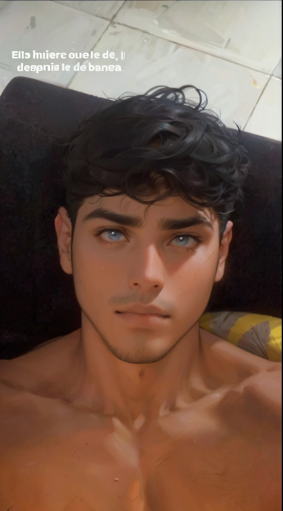 Hombre fuerte, sin camisa, brazos grandes, cabello corto de color ?????, staring into the camera, mirada seria