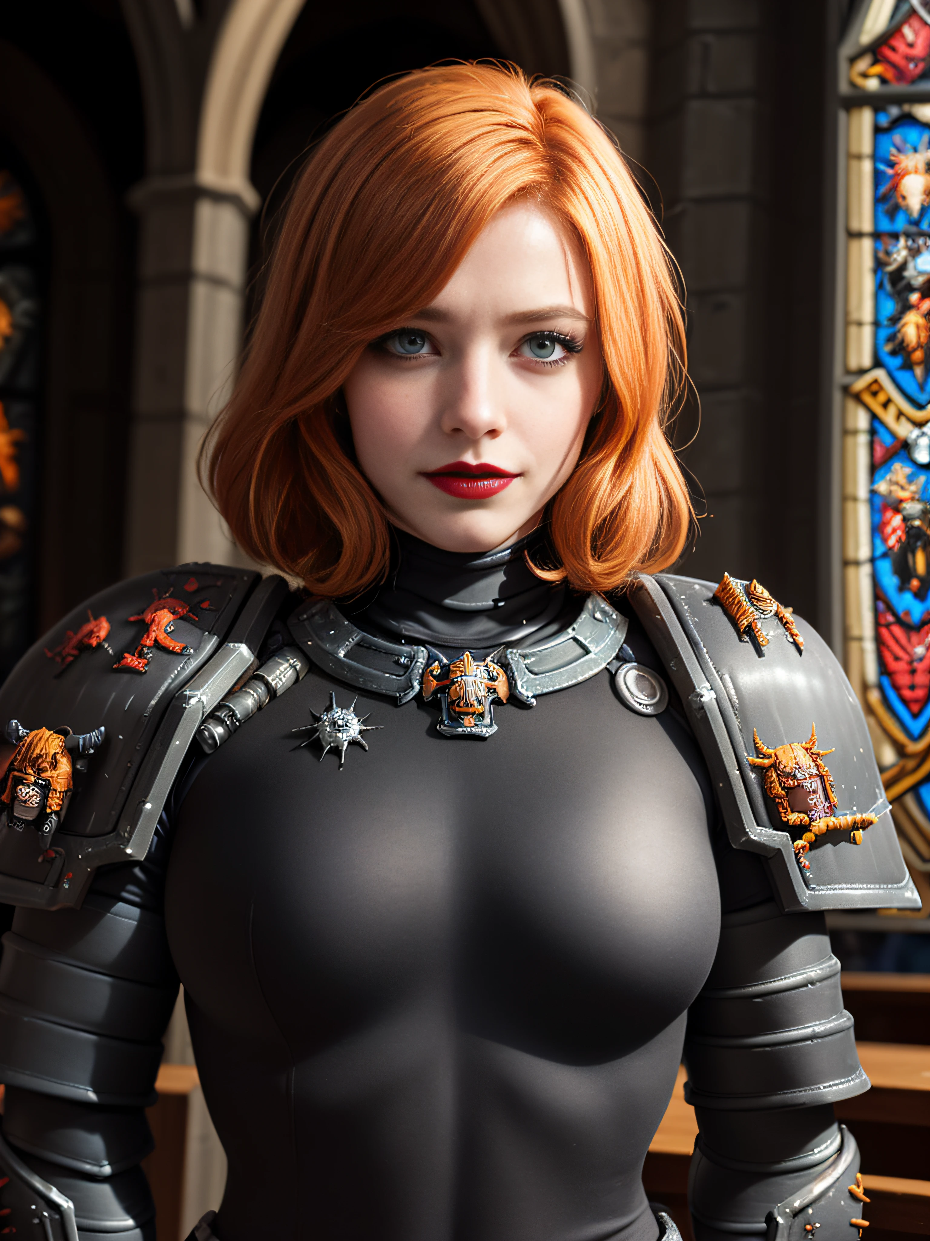 ((best quality: 1.5)) ((masterpiece: 0.8)), intricate details, sharp focus, professional, photorealistic, real life, realistic representation of the face, ((((solo, 1girl, 30 year old, female ((athletic))), (grim expression, maroon lipstick, (medieval church))))), bright glow, pose, gorgeous perfect face, in the style of realistic and hyper detailed renderings, zbrush, hyper realistic oil, contoured shading, solo, BREAK; BREAK (((smiling, ((dark eye makeup), ginger hair)))), ((fujicolor)), BREAK ((((((matte black armor, warhammer 40k))), hyperrealistic))), BREAK (((breast size: 0.9)))
