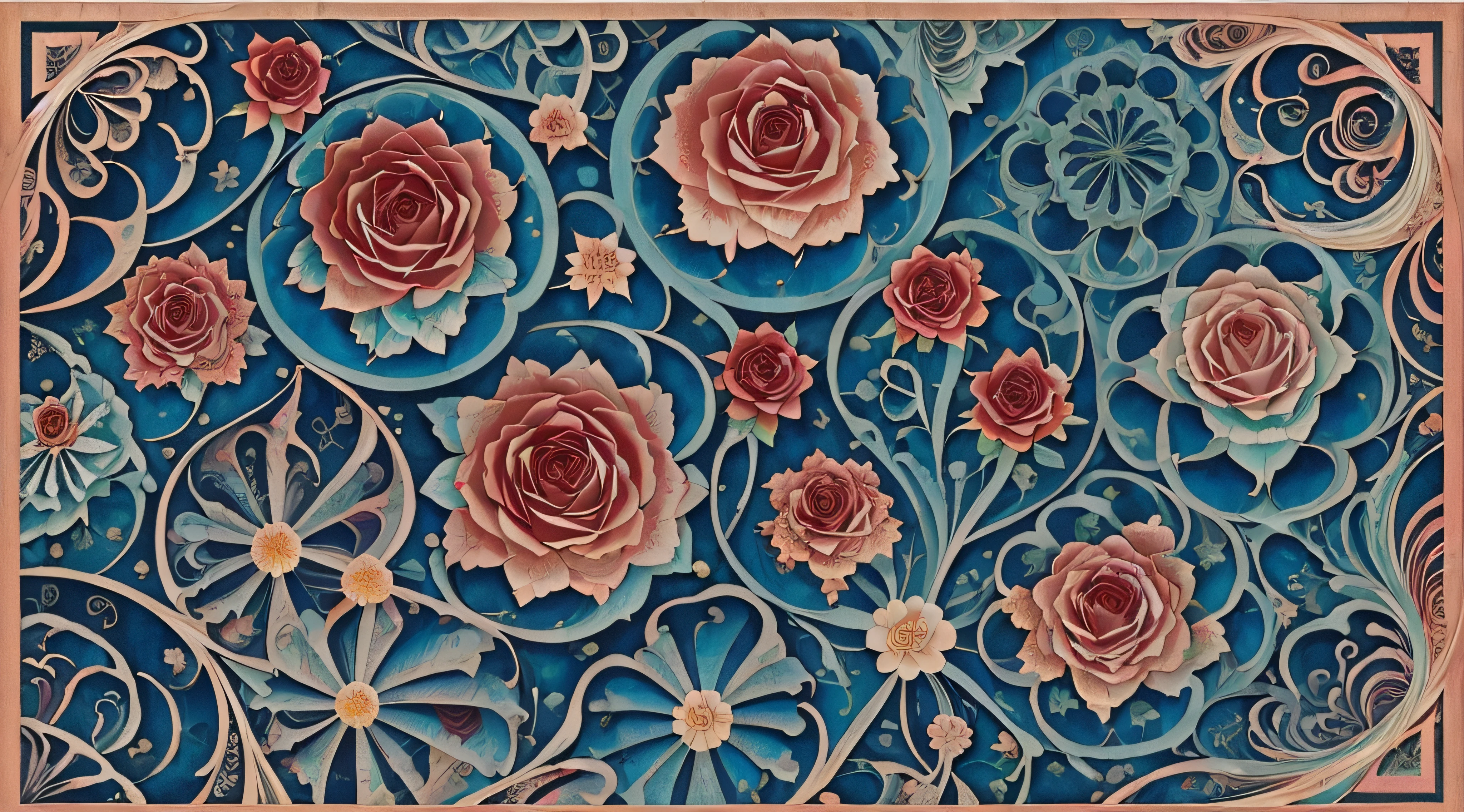 (((fractal garden))) (roses in bloom) (pattern art) (many shades of blues and reds and pinks and greens)