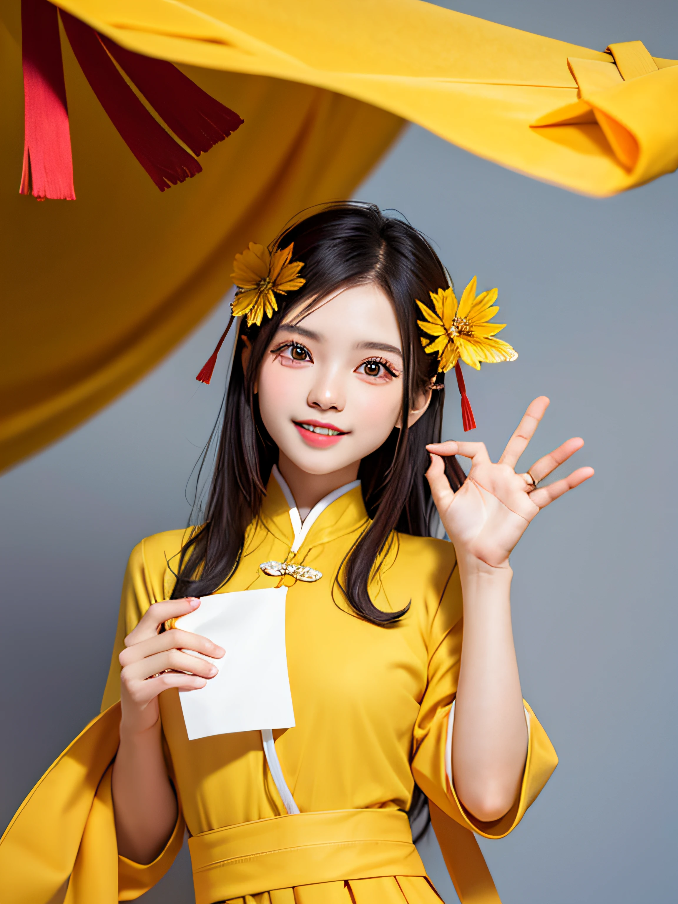 vietnamese girl hold small paper on right hand, yellow cloth, nothing in left hand