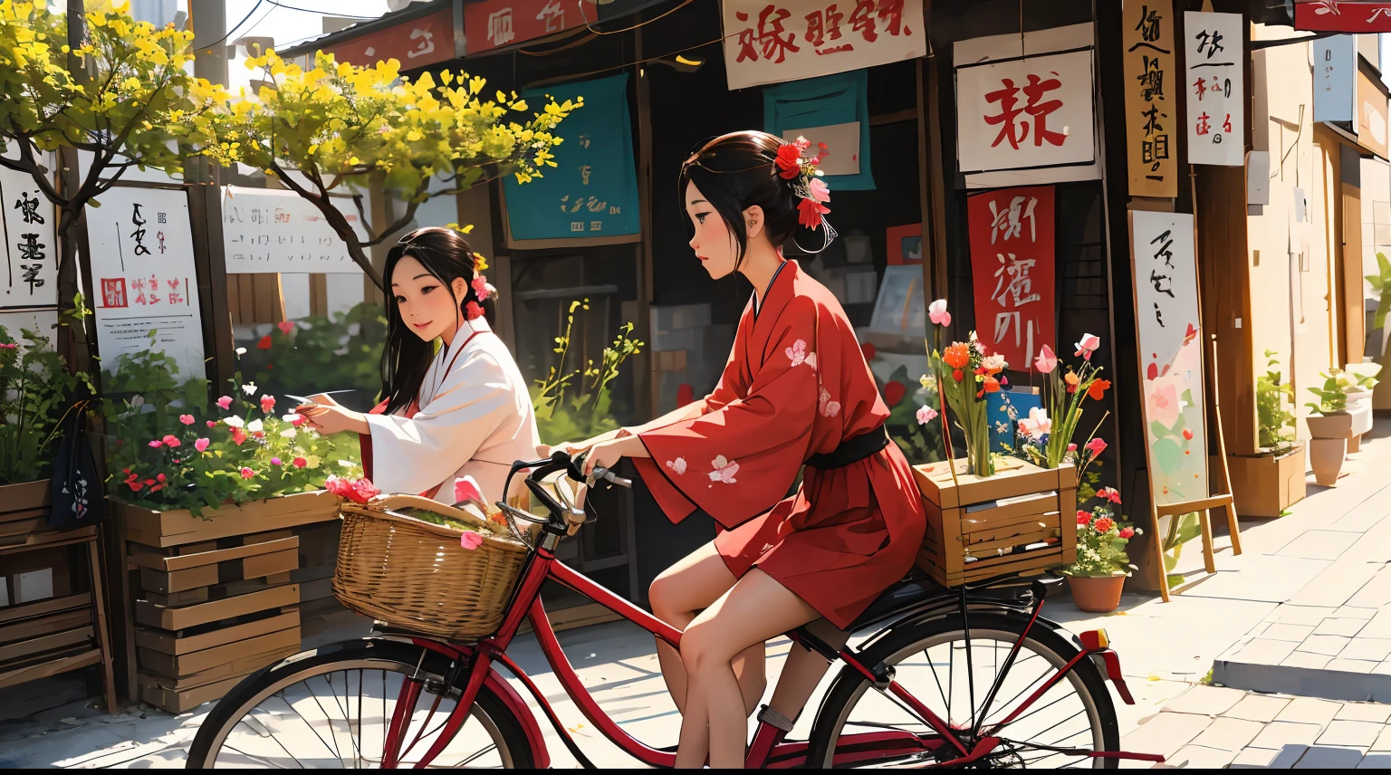 （（Couple wearing red Hanfu riding retro bicycles，There&#39;s a girl sitting behind）），（Retro bicycle with basket，There are flowers in the basket），（Quickly walk on the bustling streets of the Tang Dynasty），（Side view），and the sun was shining brightly，Pink petals fluttering in the air，delicated face，Blind box toy style，电影灯光，the good，hyper HD，tmasterpiece，textureskin，A high resolution，Best quality at best，（8K）