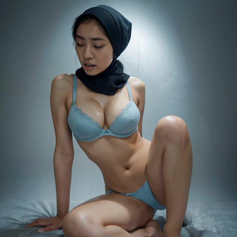 Japanese women in hijab wearing bra, 18 years old, crying , full body, ultra detail, professional photograph with professional lighting, sad, light blue studio background, sexy seducing pose, slim,