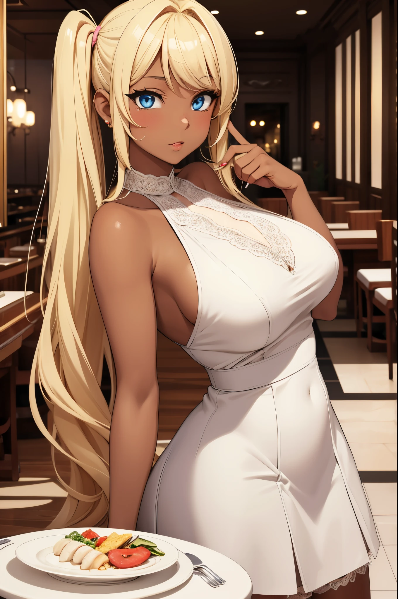 Female gyaru, twintails Blonde hair, Blue eyes, dark brown skin, large breasts, wearing a white dress, inside a nouveau riche restaurant.