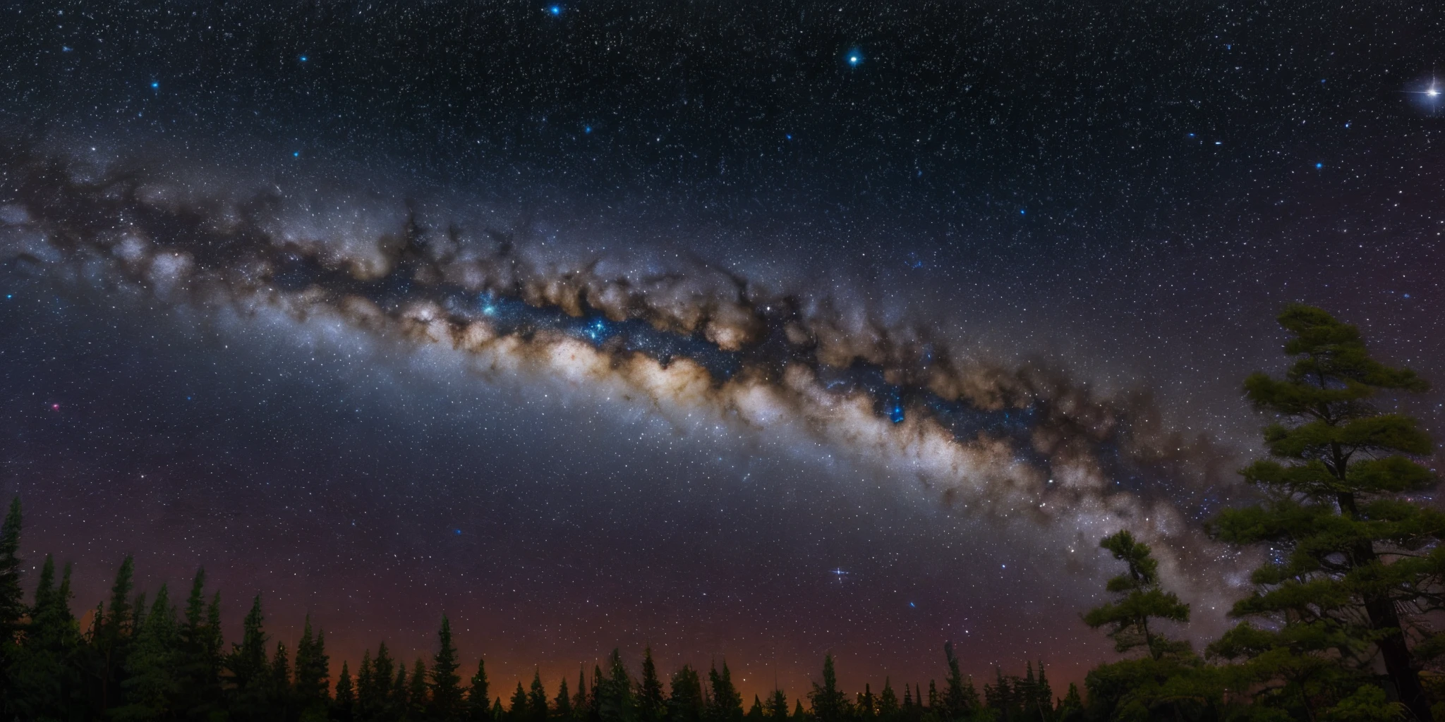 Alien Night Sky Wood, spiral galaxy in sky ((David-Mattingly style)), ((oil painting)), vivid color, ((masterpiece)), single shot, impression, highest detail, perspective, 8k