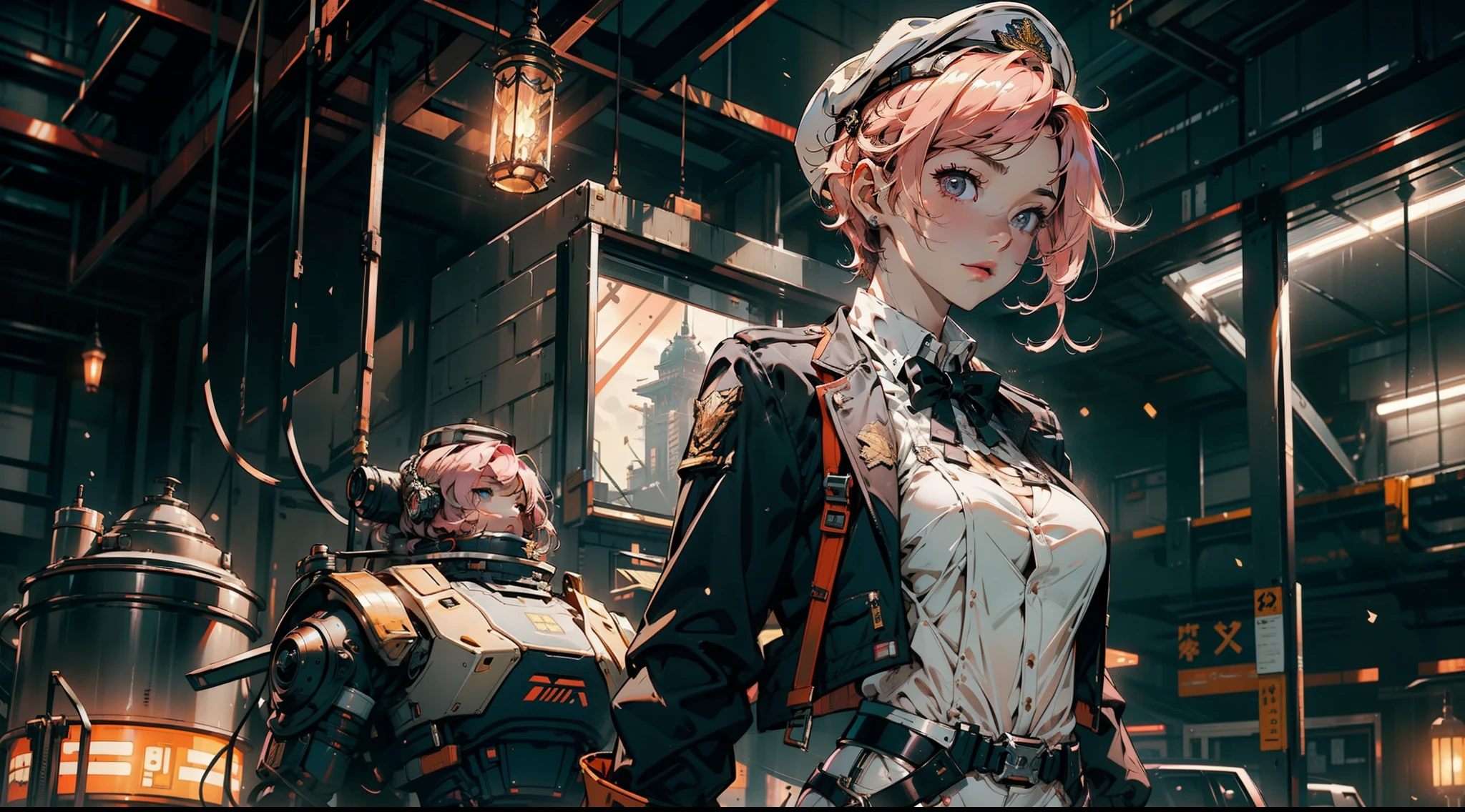 1female，(((solo))), 35yo，plumw，extremely large bosom， 独奏，（Background with：Huge machinery，droid，aerodrome，Planes，Huge mechanical armor，） She has very short pink hair，bobo head，Stand on the plane，，seen from the front， hair straight， mostly cloudy sky，（（（tmasterpiece），（Very detailed CG unity 8K wallpaper），best qualtiy，cinmatic lighting，detailed back ground，beatiful detailed eyeright pupillue eyes，Snow-whiteskin，pink lip（Very fine and beautiful），（Beautiful and detailed eye description），ultra - detailed，tmasterpiece，））facing at camera，A high resolution，ultra - detailed），revealing breastare genitalia，  Bulge，legs are open，Raised sexy，Camel toelushed complexion，Desire for dissatisfaction，frontage，British Air Force，Aviator，Officer's cap（Wearing：blazer jacket，tailcoat，White color blouse，a black bowtie，Black pantyhose，Gold wire embroidery，Armour，Bare breasts）cyber punk style
