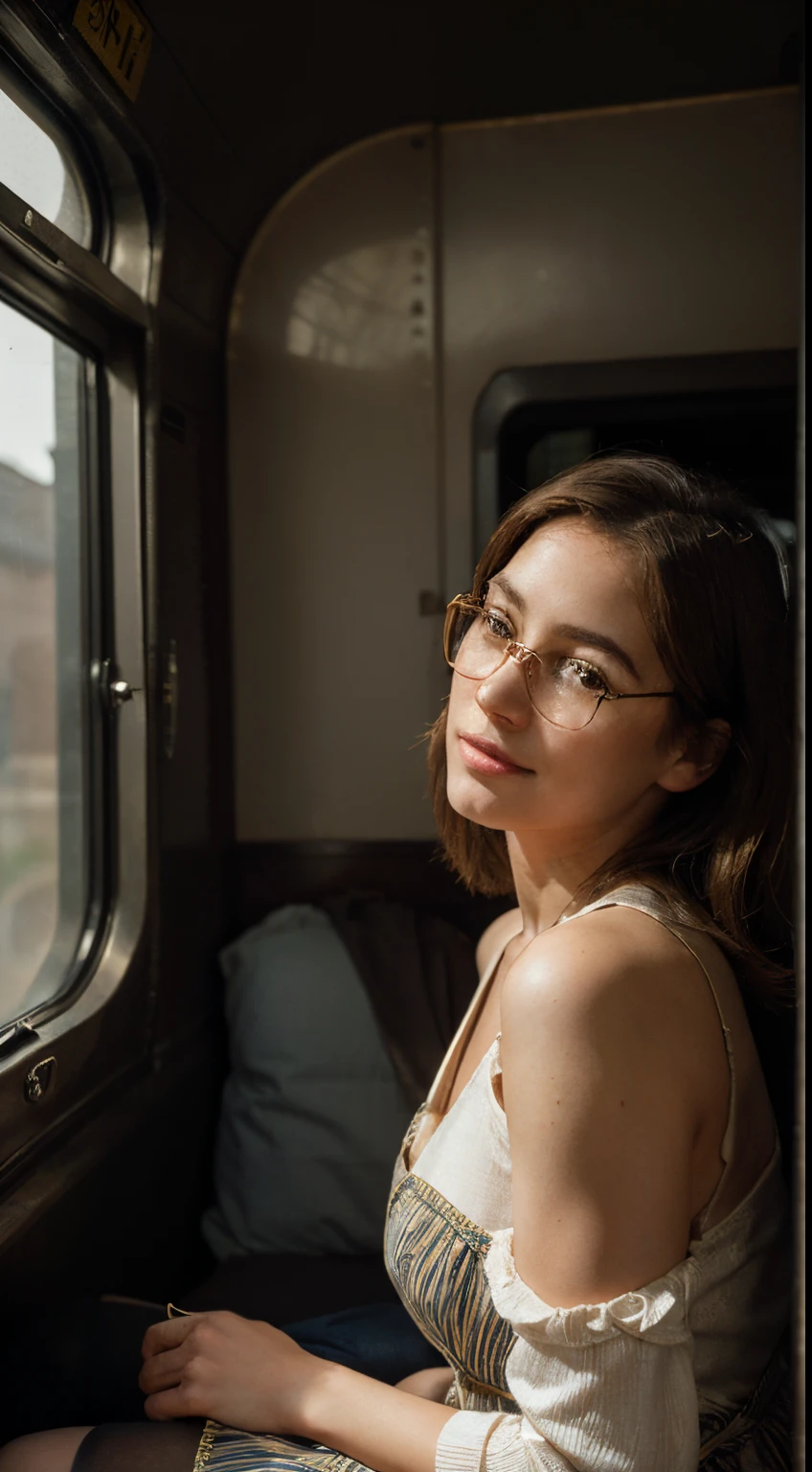 (Best quality, Ultra detailed, Golden ratio, Masterpiece:1.2), Theatrical lighting:0.7, Photo of a woman, dressed in a very elegant and pretty dress, Perfect rare face, (Highly detailed skin), randomly dyed hair, Hide your mouth with your hands、Ridicule, skin texture, Pale skin, shiny skin, (thin, large size:1.2), [:(Sharp focus on rare face, perfect eyes:1.2):0.2], photorealistic, film grain, Put one foot forward、from below looking up、look at camera、Emphasize the shoulders, Focus on face、Stockings、glasses、Smile with corners of mouth raised、disdainful expression, summer haze, muted colors, muted warm colors, Photo cinematic portrait of a woman dressed in a striped dress sitting by the window in the early morning, cinematic, (tilted:1.3) (on an old train) look cautious, standing under a spotlight, volumetric dust clouds, key light, backlight, soft natural lighting, photography Film grain ISO 400 30 mm lens RAW f1.8 aperture, highly detailed (analog photography:1), colors hdr, ((black pantyhose))