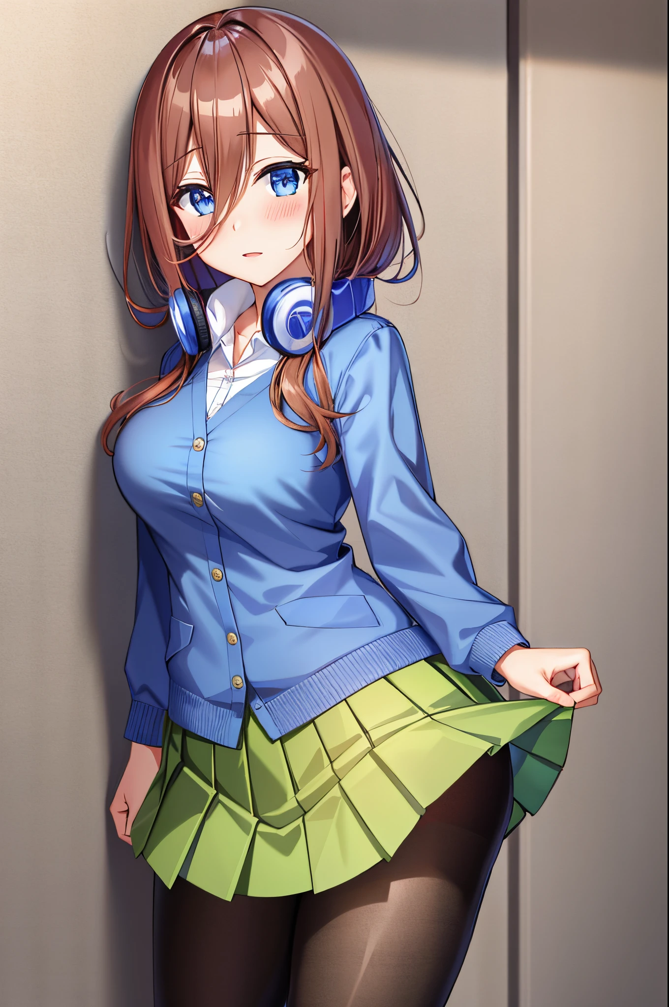 Masutepiece, Best quality, (highly detailed CG Unity 8k wallpaper) (Best quality), (best illustration), (Best Shadowiku Nakano, brown hair, blue eyes, classroom, beautiful detailed eyes, Looking at spectator,((blue cardigan)),((very short green pleated miniskirt)),((black pantyhose)), distress,pigeon toes, lifting skirt by myself,full face blushing,panties showing