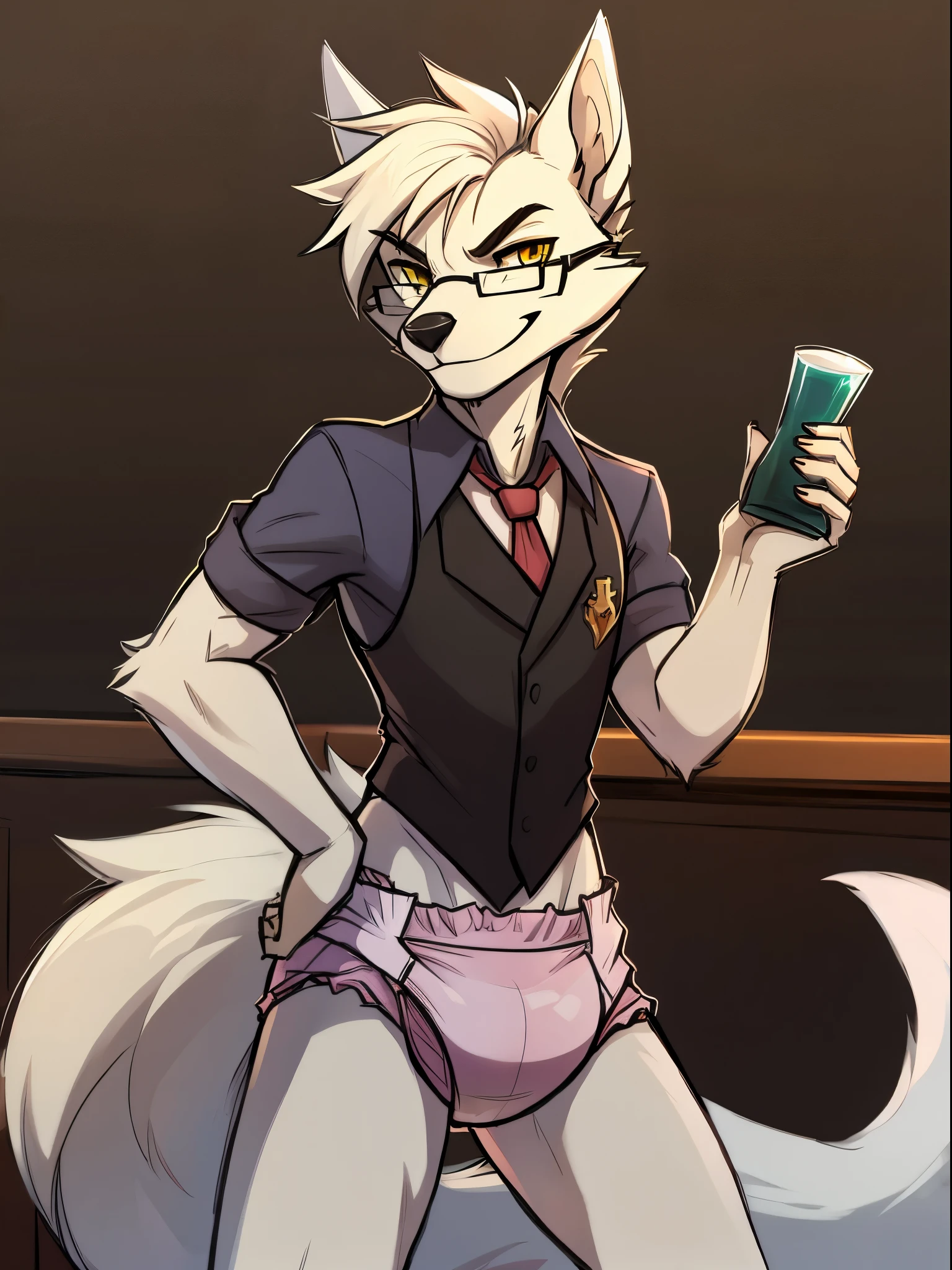 Male, arctic wolf, detailed yellow eyes, long tail, bartender, slim, sly, background, plain diaper with 4 tapes, glasses, smirk