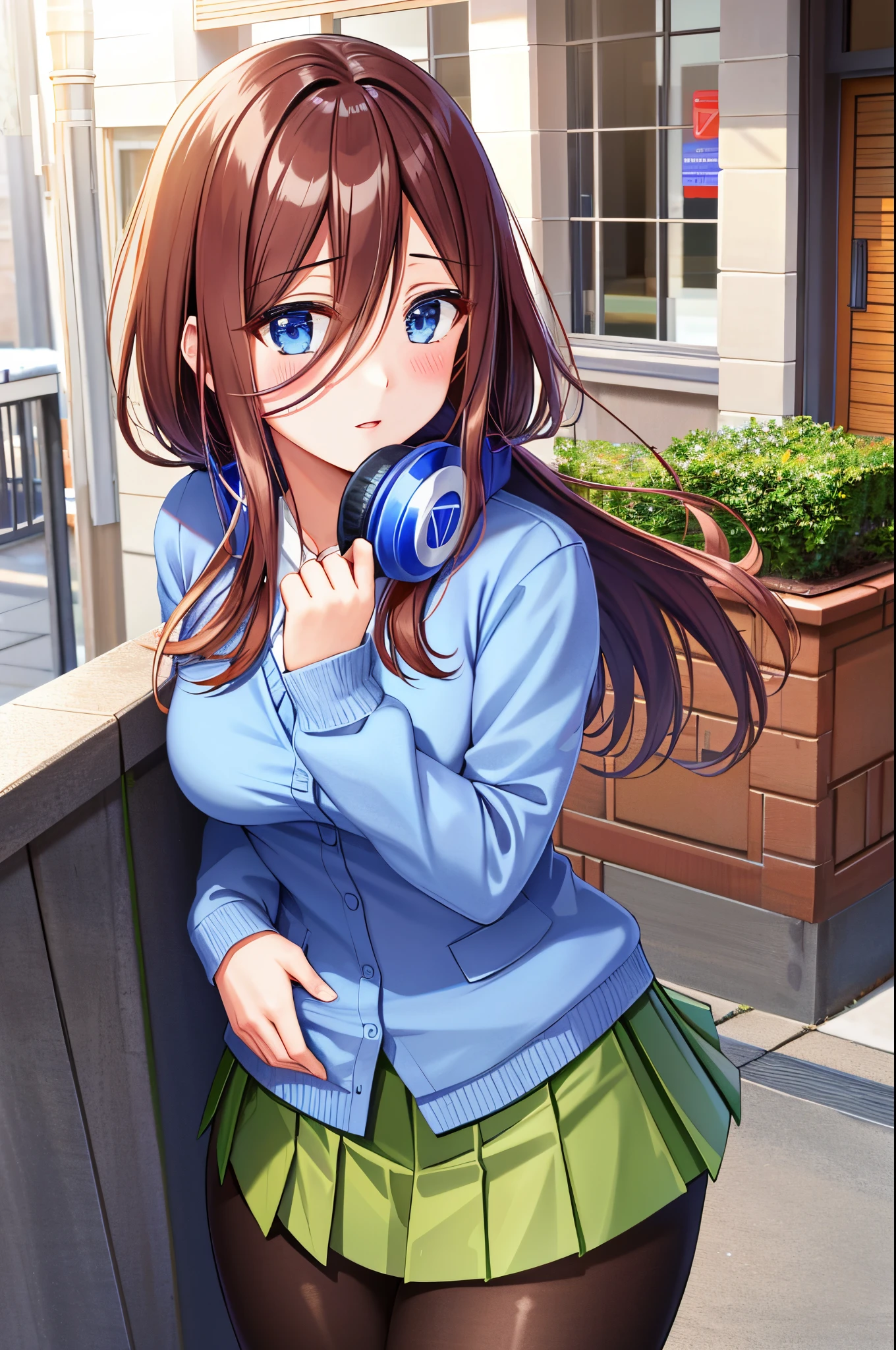 Masutepiece, Best quality, (highly detailed CG Unity 8k wallpaper) (Best quality), (best illustration), (Best Shadowiku Nakano, brown hair, blue eyes, classroom, beautiful detailed eyes, Looking at spectator,((blue cardigan)),((very short green pleated miniskirt)),((black pantyhose)), distress,pigeon toes, lifting skirt by myself,full face blushing,panties showing