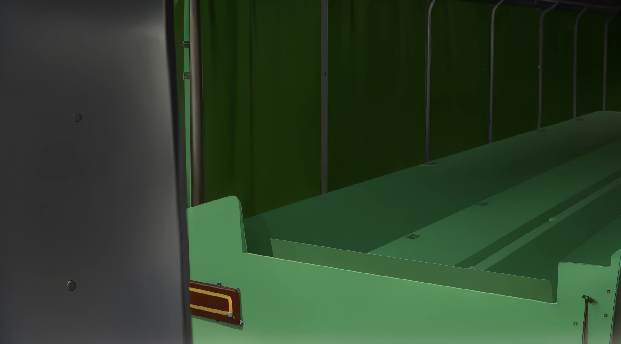 a shot of the back of a green military truck, behind the iron covered by a green curtain, 4k anime, 4k anime background, 4k detailed,