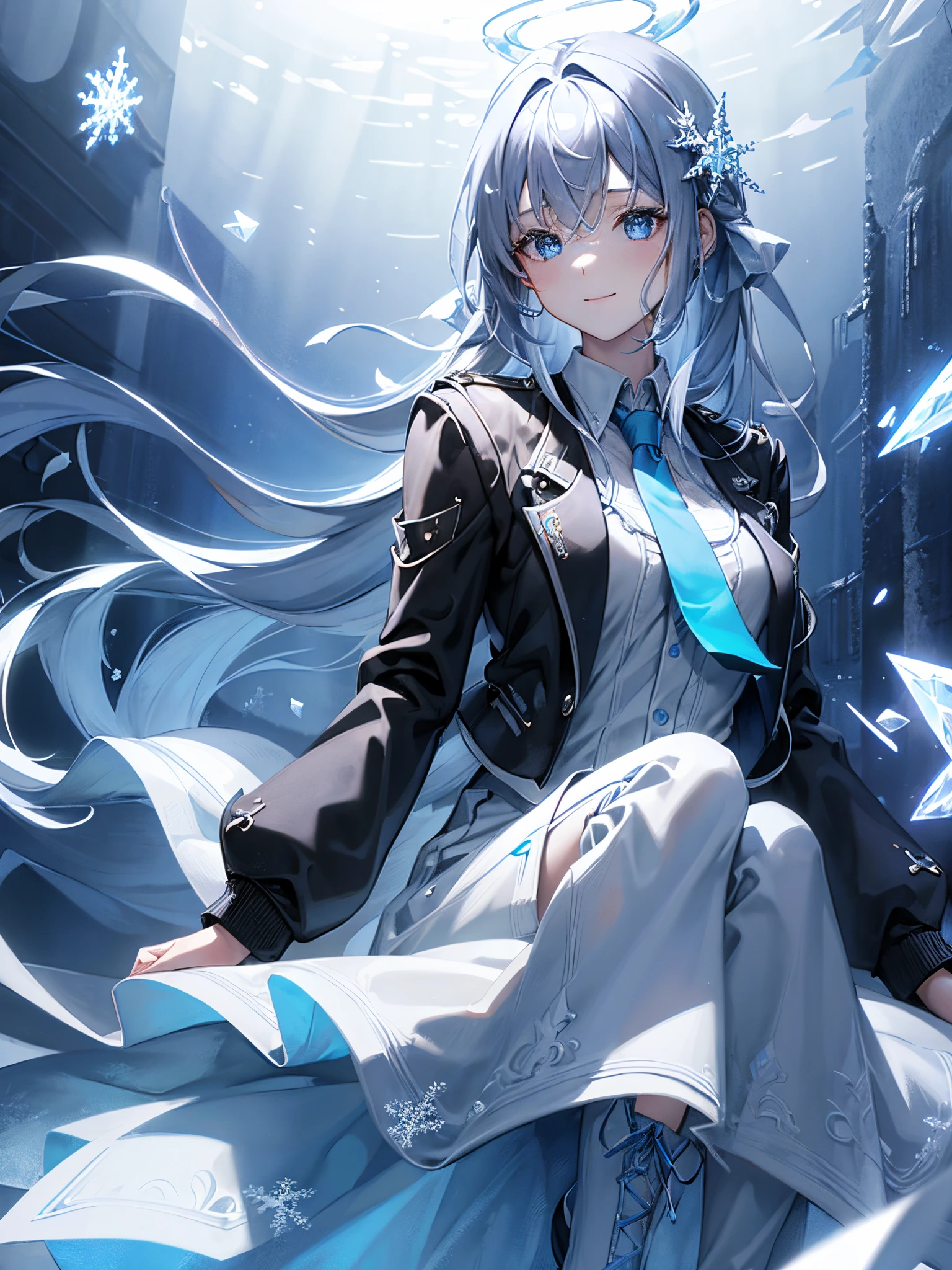((quality)), ((masterpiece)), ((ultra - detailed)), (Extremely Delicately Beautiful), Girl vs, 独奏, Cold attitude,((Black jacket)),She very(unwind)with the(Settle down)looks,A brunette one, depth of fields,lusty smile,airbubble, Under water, airbubble,bright light blue eyes,interior color,Bright gray hair with light blue tips,,,,,,,,,,,,,Cold background,Bob Hair - Linear Art, shorter pants、knee length socks、white like school uniform、Light blue ribbon tie、The clothes are transparent、Put your hands in your pockets and your right eye like a sapphire,Blue shoulder straps, A small blue light floats、Upper Eye、Glass shards、snowflake hair ornament