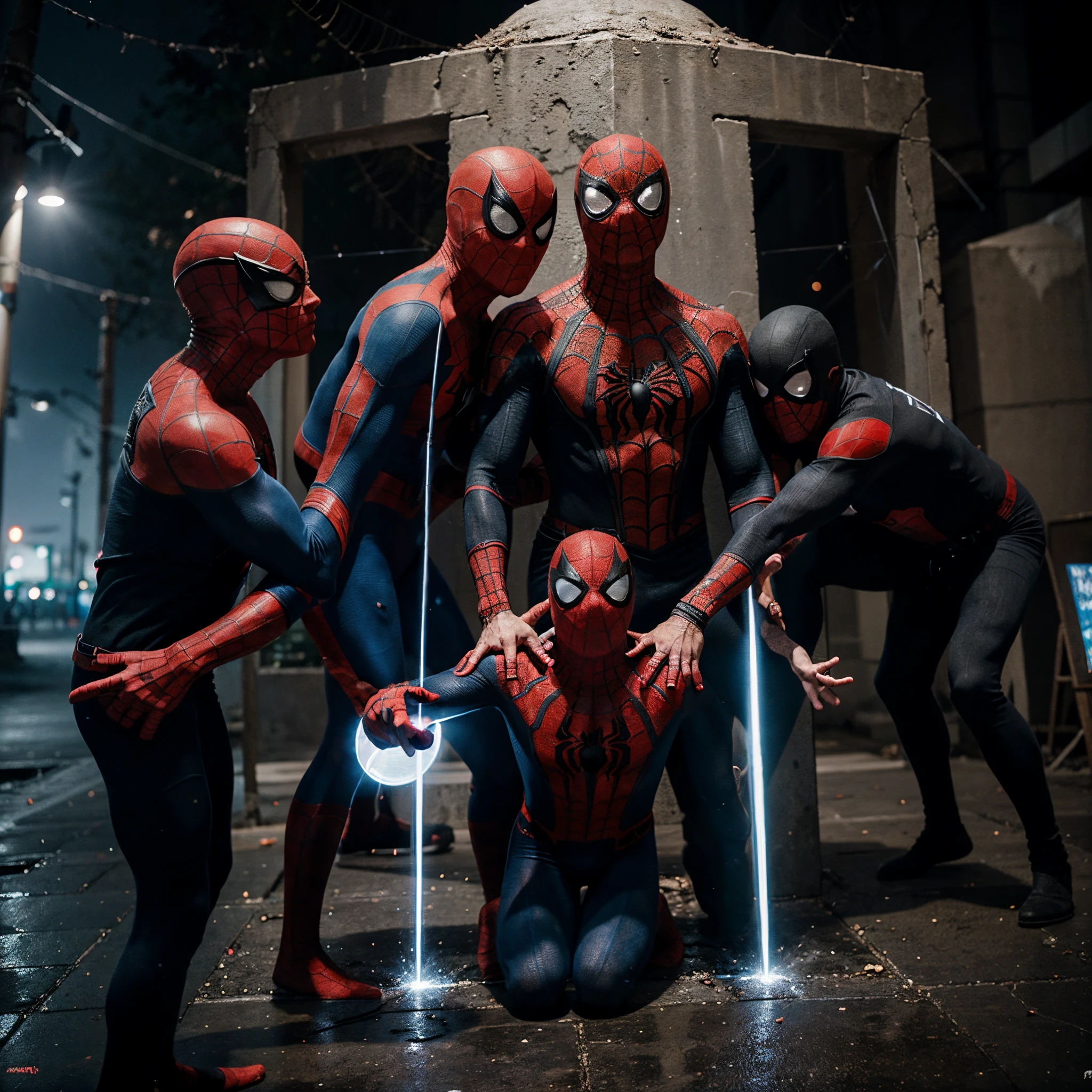 Write a scene where there are three Spider-Mans doing epic poses in front of there is a portal to another dimension