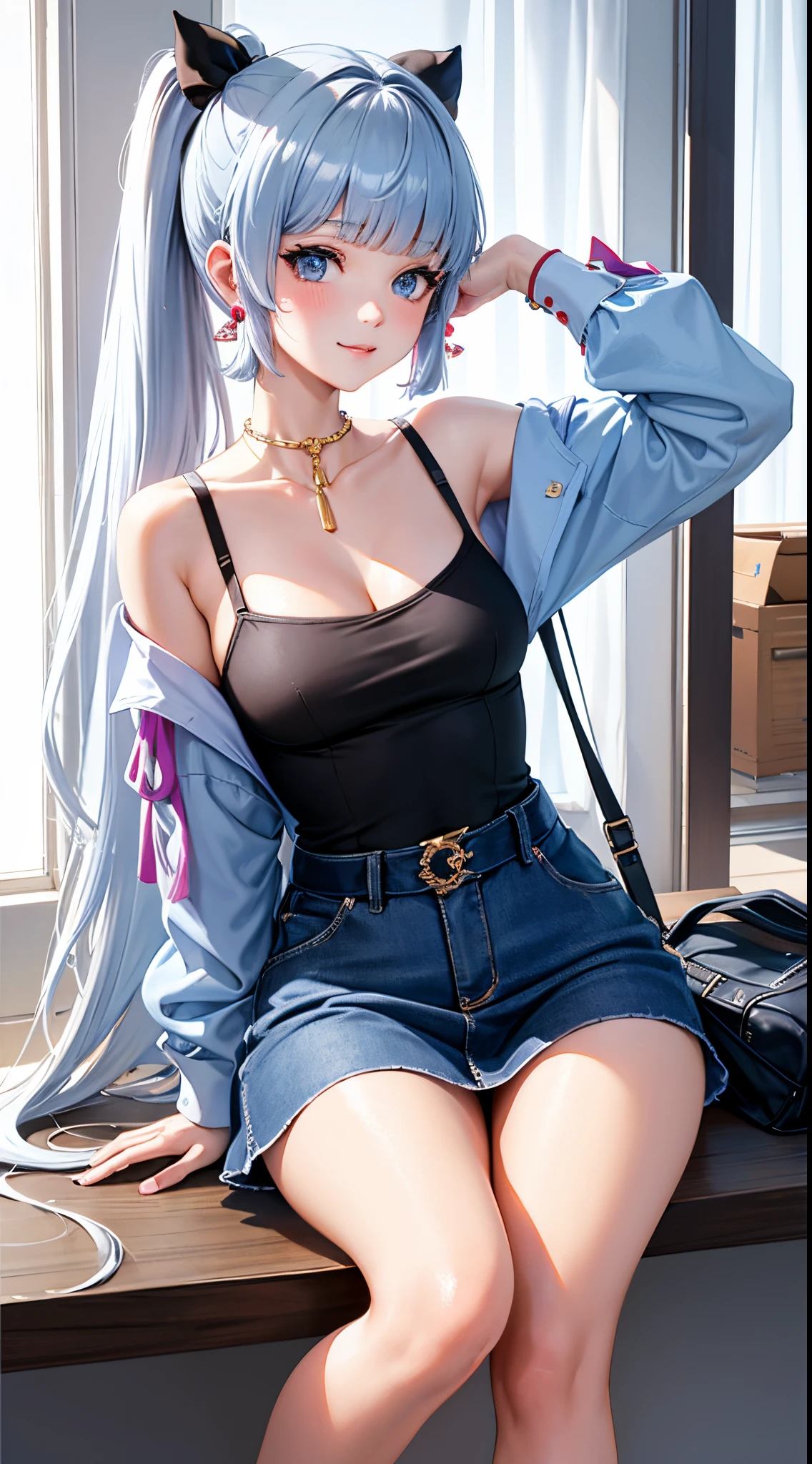 Character Details:, - Gender: 1 Girl. - Style: Anime, - Body Type: Attractive body, slim body, nice legs, slim tights, nice arms, nice shoulders. - Breast: ((Small Breast:1,5)), Show Cleavage. - Facial Featureeautiful, Gorgeous, Teenager, Fresh, Young. - Expression: Smile, Pink Blush on Face, Sexy Eyes, Sexy Look, Innocent Look, Tipsy. - Hairstyle: Blunt Bangs, Long Hair. - Hair Color: Light Blue Hair. - Clothing: off-shoulder Sabrina, cotton shirt, skirt. modern. - Body Pose: (Sitting). - Behaviour: Waiting, Want Something, Secretly. - Accessories: Earrings., Environmental Details:, - Setting: Office Room., - Lighting: Natural Light., - Decoration: Modern Office Desk, Chair, Window, White Curtain, City View. Top view. pov, anime style, UHD, retina, masterpiece, accurate, anatomically correct, textured