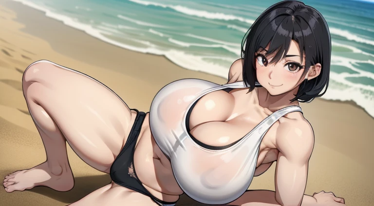 Highly detailed, High quality, Beautiful, White tank top, black panties, 1girl, Solo, (cutie face), (embarrassed), lightsmile, arm behind back,  Black Eyes, Black hair, (shortcut), (Huge breasts:1.5), [[Nipples]], fullbody, Outdoor, seaside, spread legs