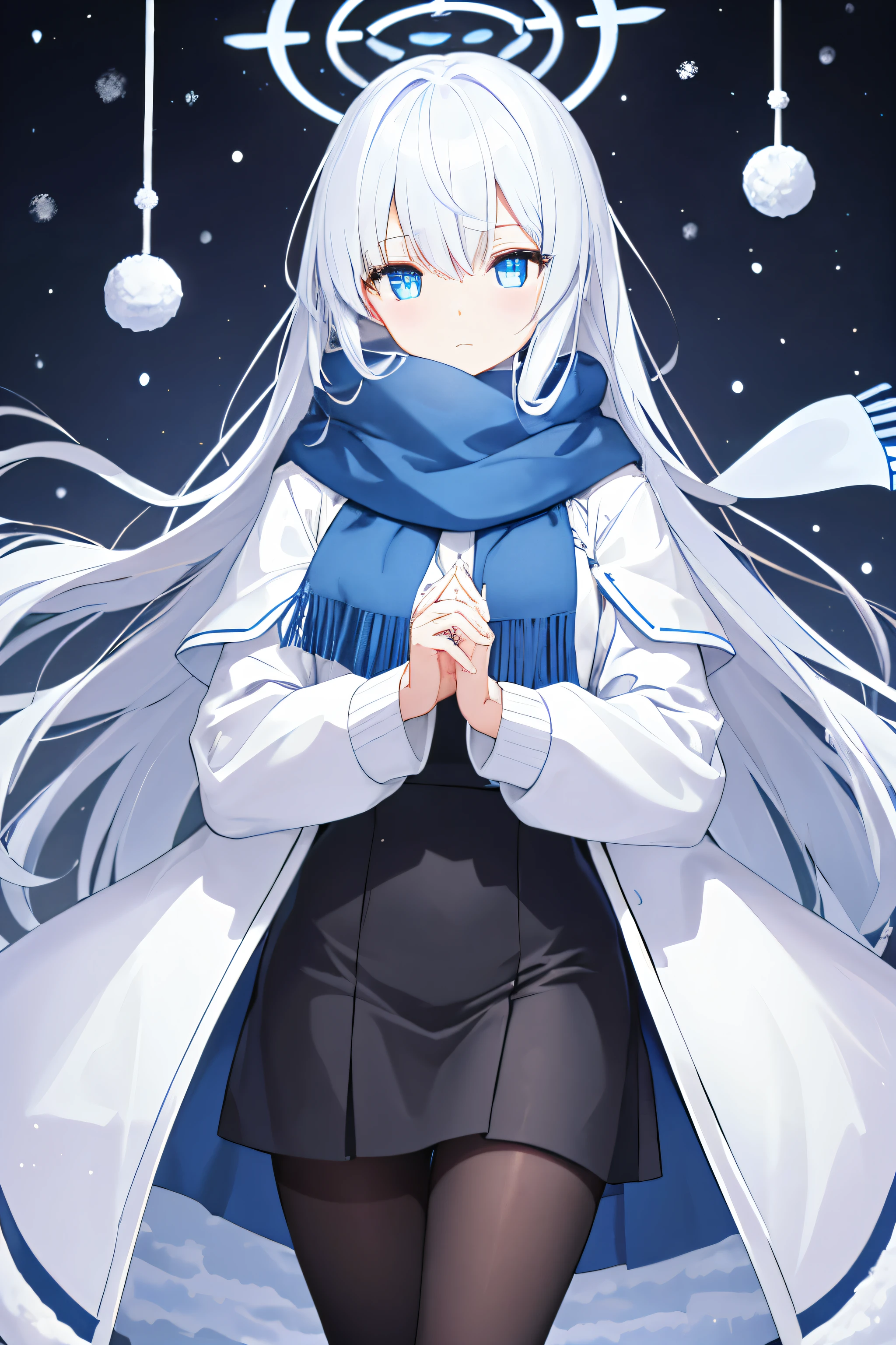 The right hand naturally downward,tmasterpiece,Extremely Delicately Beautiful,Two-dimensional exquisite painting style,Extremely detailed and refined,8K ,high high quality,ultra - detailed,CG wallpaper,Lighting,Color background grayscale:1.1, Girls with straight white hair,blue color eyes,There are white patterns in the eyes,There a diamond pattern,are standing,Look forward expressionlessly,Wear a beige thick sweater,Beige thick sweater,The sleeves of the shirt are very loose,There a wind chime sewn on the right sleeve..,Top covers thighs,White thick tights,White thick fur shoes,nipple play《azur lane》Stylized,There a blue halo on the head,There a pattern of blue polyhedral shapes in the halo,There no badge on the chest,Winter snowcoats have good thermal insulation properties,greenhorn,Women's hands,独奏,1 busty girl,Full body lesbian,Stood up,Beautiful melon seed face,There a blue halo on the head,There a clock pattern inside,Big clear and bright eyes,Looking directly at,face expressionless,There a blue halo on the head,There a blue bell pattern in the halo,It will snow in winter,There no halo behind you, only on your head,Wearing a long white scarf,Face buried in scarf