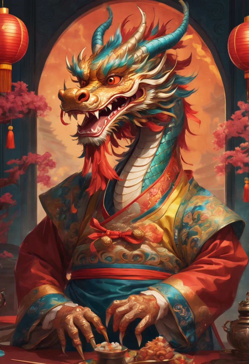 (masterpiece, best quality), a majestic anthropomorphic chinese dragon, in a traditional male chinese outfit, happy, laughing, festive, cartoon style, chinese house party with elaborate details, vibrant, natural lighting