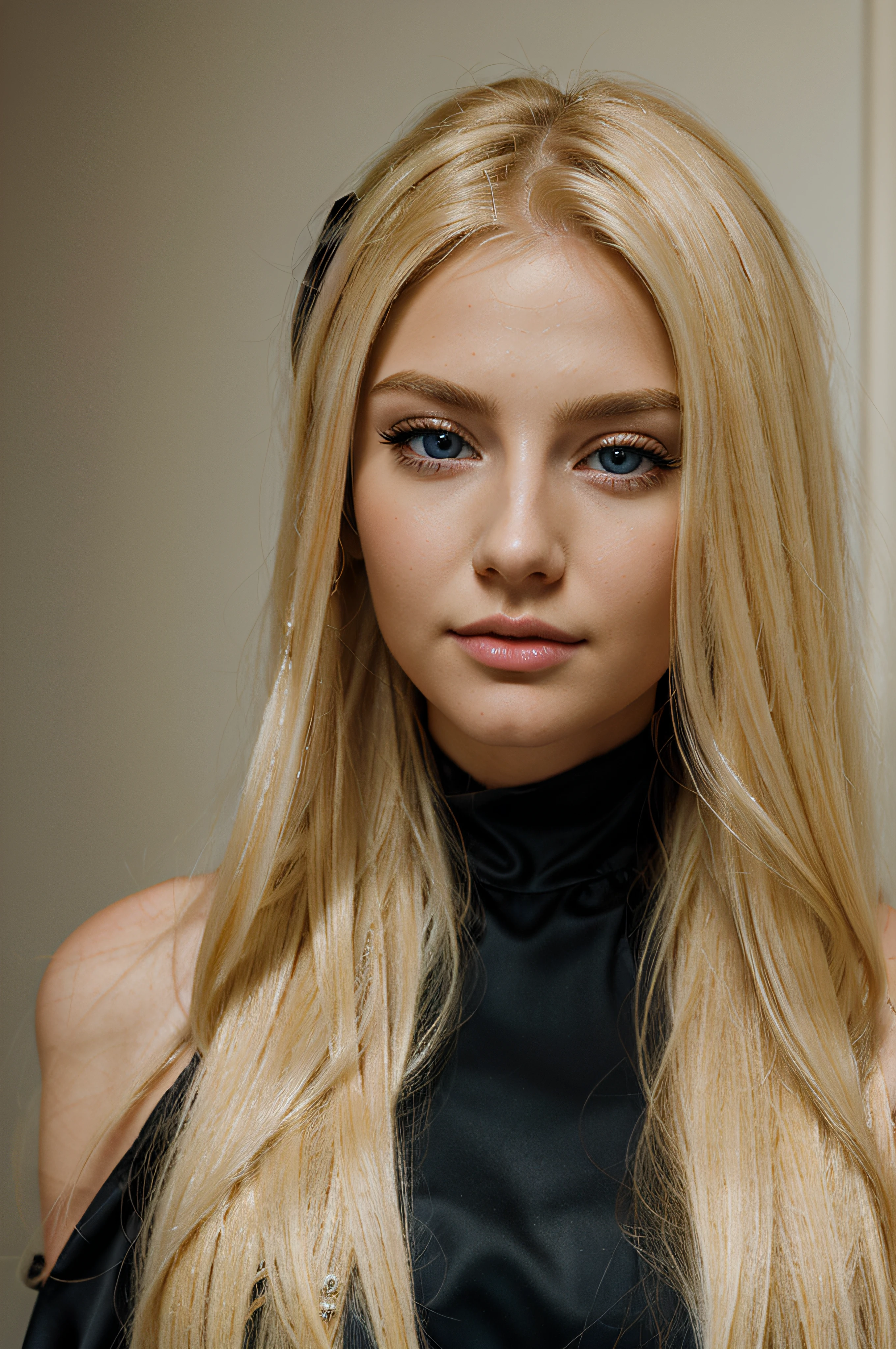 a close up of a woman with long blonde hair and a black dress, long blonde hair, portrait of kim petras, a gorgeous blonde, shoulder - length blonde hair, alexa grace, Olivia Dunne, long blonde hair and big blue eyes, 2 0 years old, 20 years old, blonde hair, model