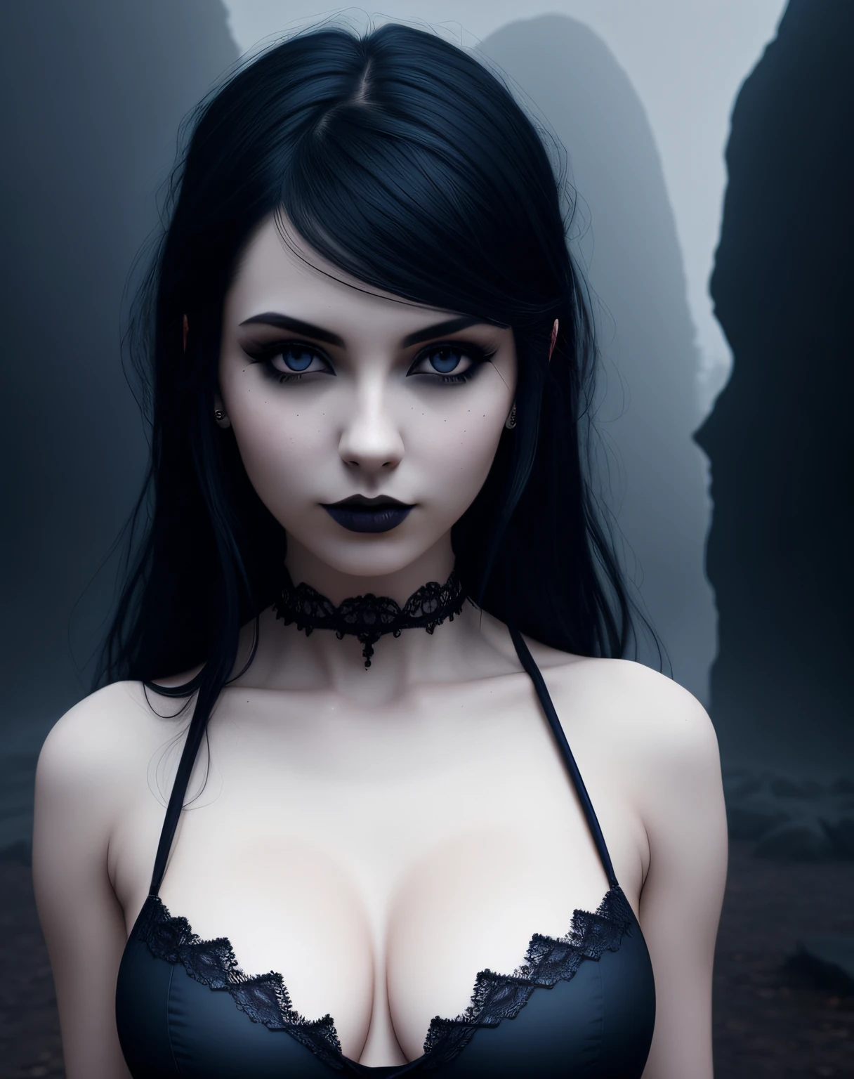 attractive gothic girl, aestetic body, medium tits,gothic aesthetics, dark blue, fog, haze, shadows, lighting effects, mysterious appearance, high contrast, stone cave walls in the background, detailed face, ultra detail, hyperrealism,