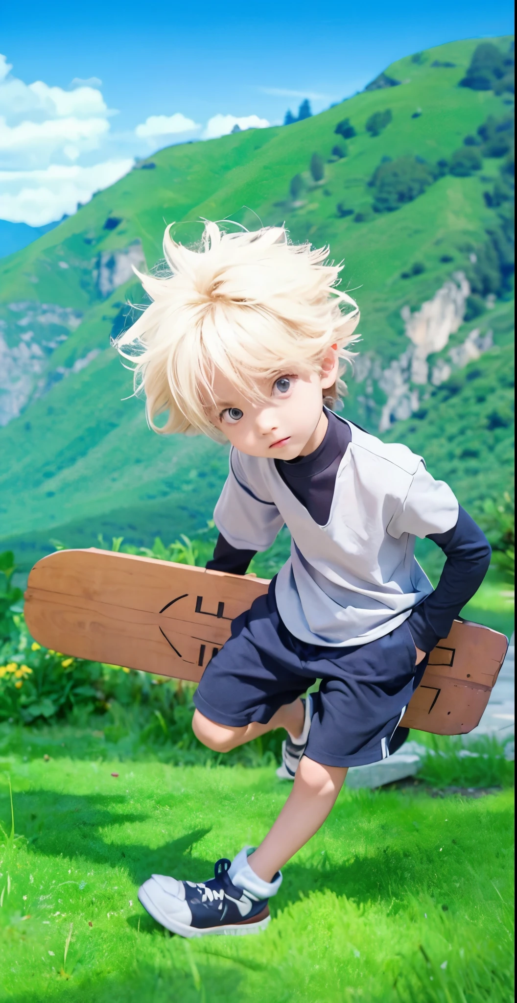 Real life adaption of this character , handsome little boy , realistic same spiky hair , (realistic same outfit),realistic scenery background , realistic light, realistic shadow, realism, hyper realistic,(photorealistic:1.2), normal small eyes