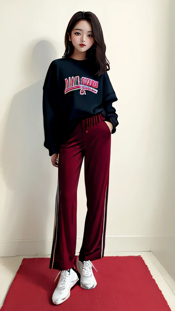 ((Best quality at best)), (ultra - detailed), (extremely detaild的 CG unified 8k wallpapers), Very meticulous, High-resolution RAW color photos, professional photoshooting, 1900 Anciat:1.3），A cute girl stands up and poses for a photo, （Girl wearing sweatshirt and velvet wide-leg pants:1.2），（Professional and meticulous clothing design:1.3），red pink lips，cabelos preto e longos，athletic sneakers，Aristocratic design，（Petals splash art on background:1.1）（Professionally photographed），Extremely beautiful, perfect body figure,Have perfect legs，amazing face and eyes, (Very beautiful girl)，full-body view