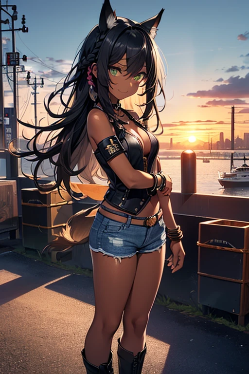 nsfw、masterpiece、best quality、(((super detailed dark skin)))、full body shot、1catgirl、(((adult woman)))、jadegreen eyes、(((dark bodyskin)))、(((african bodyskin)))、cat ears、horse tail、hair/(braided side pigtails)、flipped hair、midnight black hair、cleavage、(arms free)、(shoulders free)、(neck free)、wrists/(bracelets:1.3)、upper arms/(leather wristbands:1.3)、top/(mini torn leather top:1.3)、hotpants/(small tight torn denim hotpants)、standing、background/(sunset city-harbor)、cheeky smile、